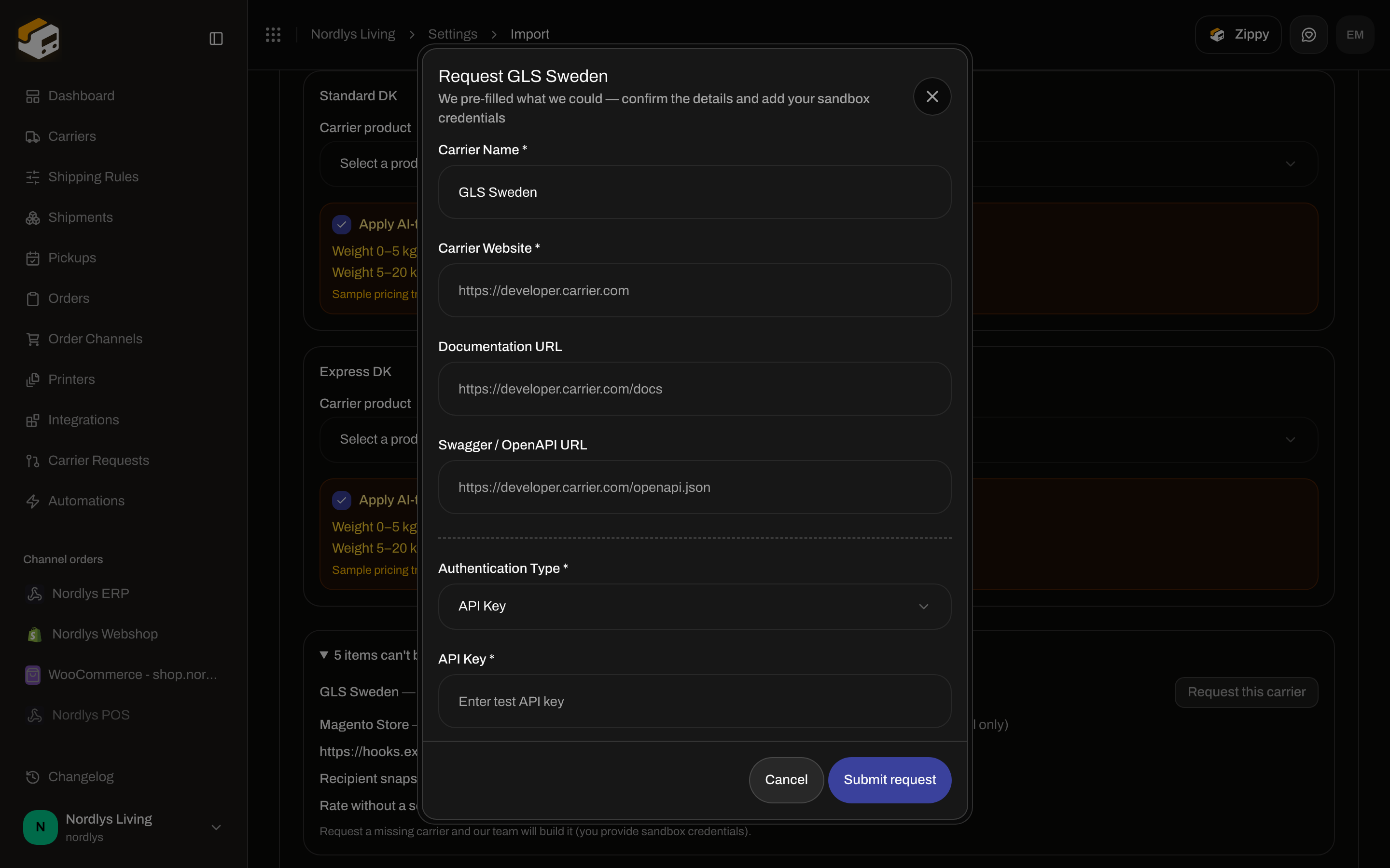 Request carrier modal with Carrier Name, website, docs URLs, Authentication Type, and Submit request