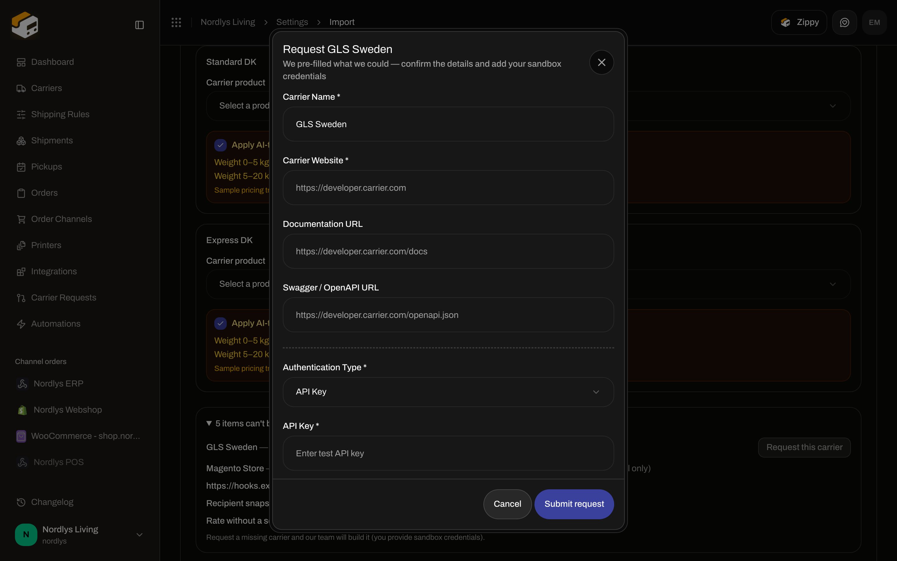 Request carrier modal with Carrier Name, website, docs URLs, Authentication Type, and Submit request