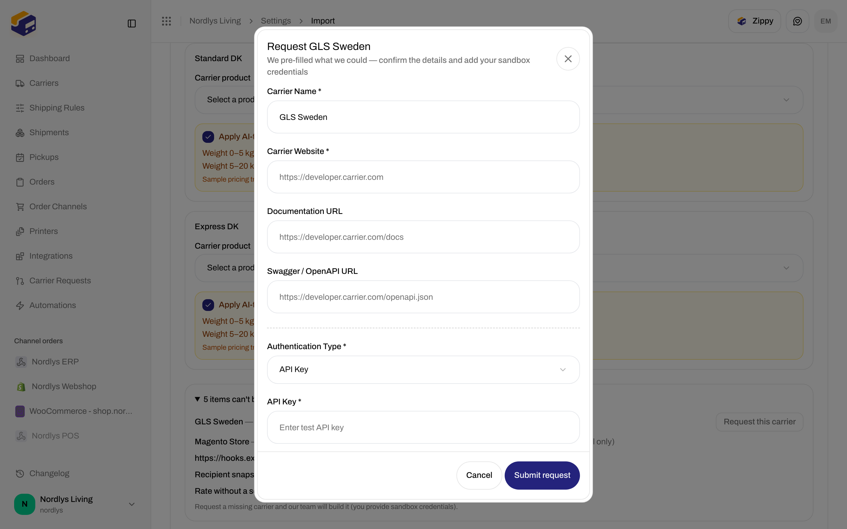 Request carrier modal with Carrier Name, website, docs URLs, Authentication Type, and Submit request