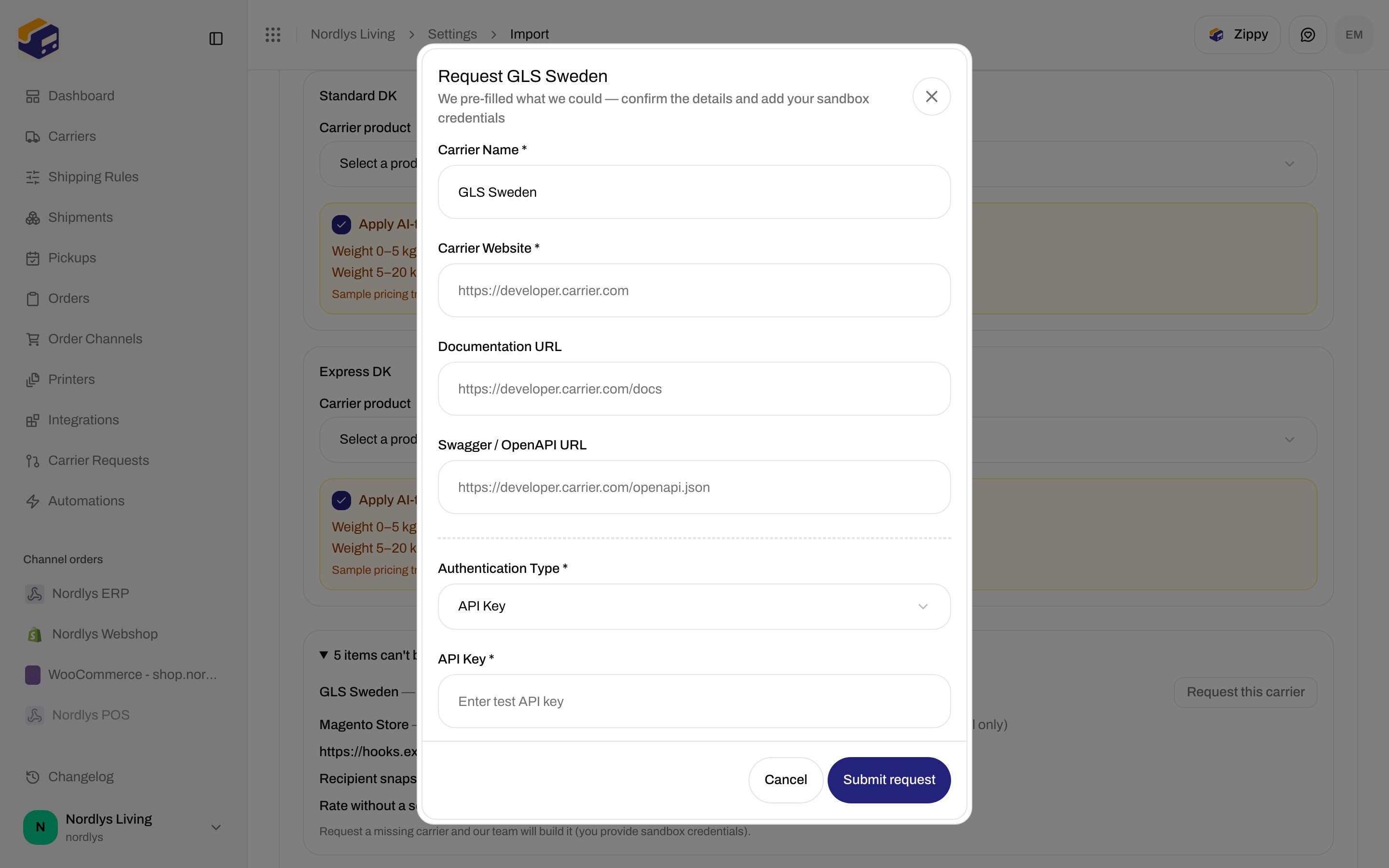 Request carrier modal with Carrier Name, website, docs URLs, Authentication Type, and Submit request