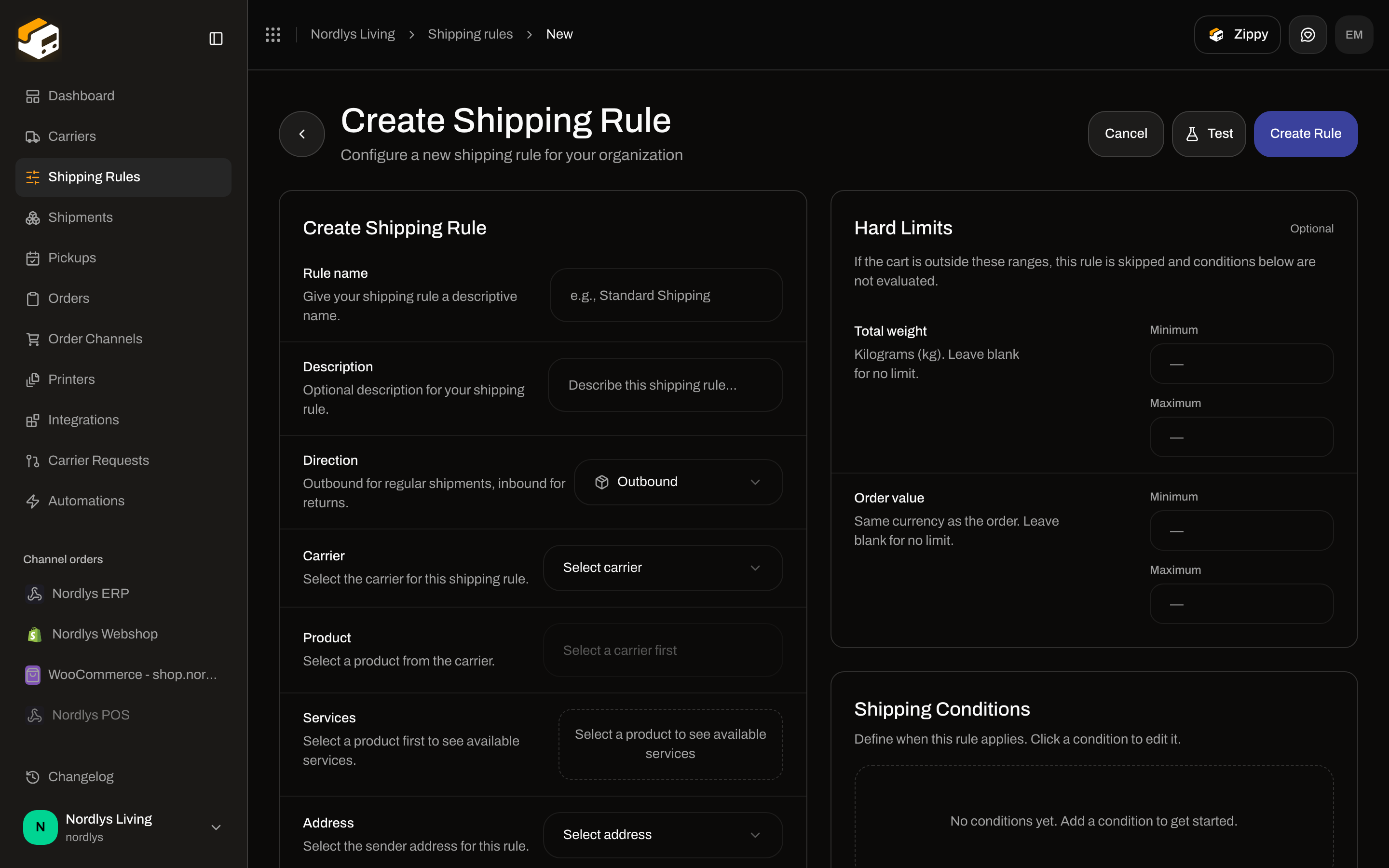 Create Shipping Rule with Direction description outbound for regular shipments inbound for returns