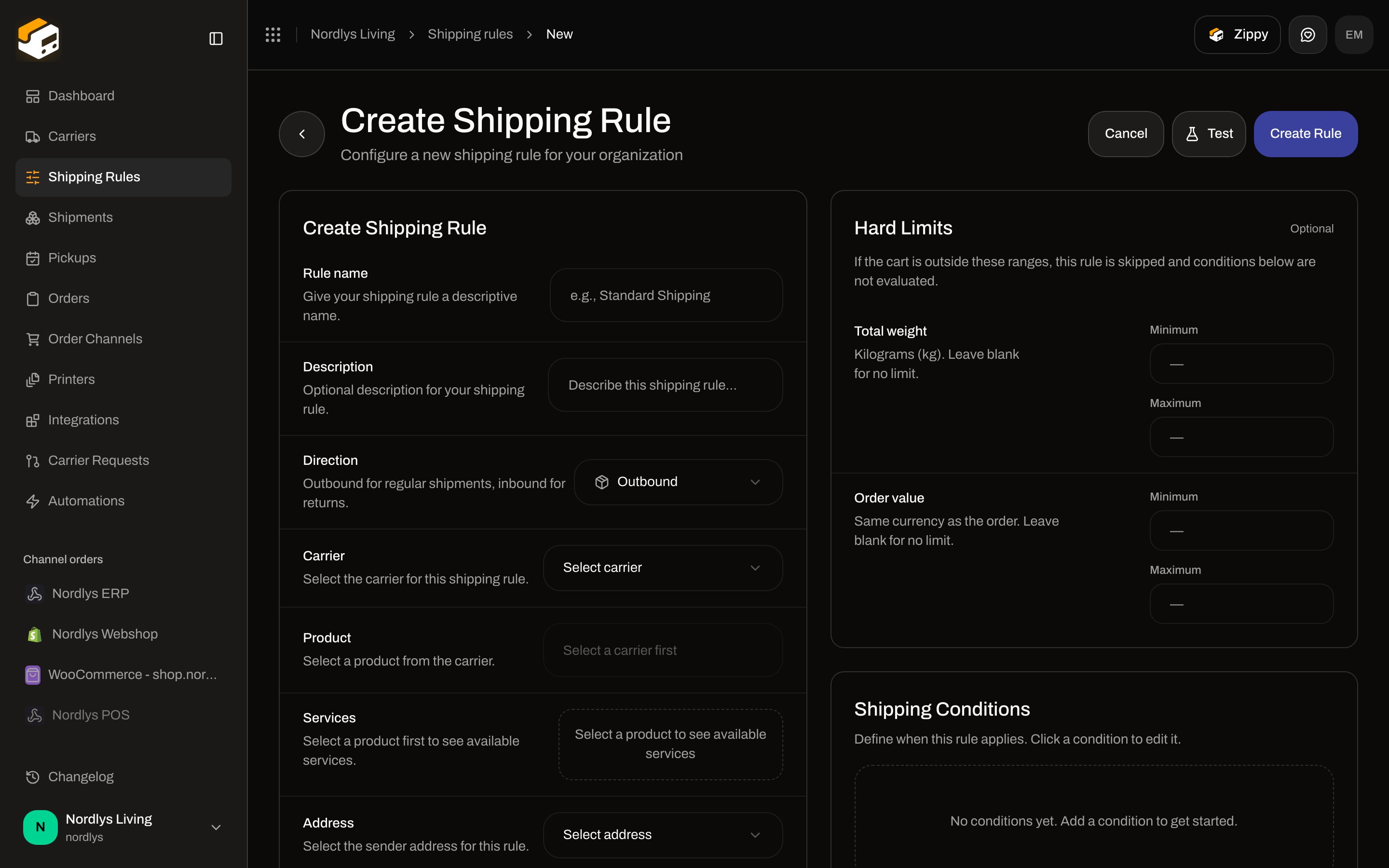 Create Shipping Rule with Direction description outbound for regular shipments inbound for returns