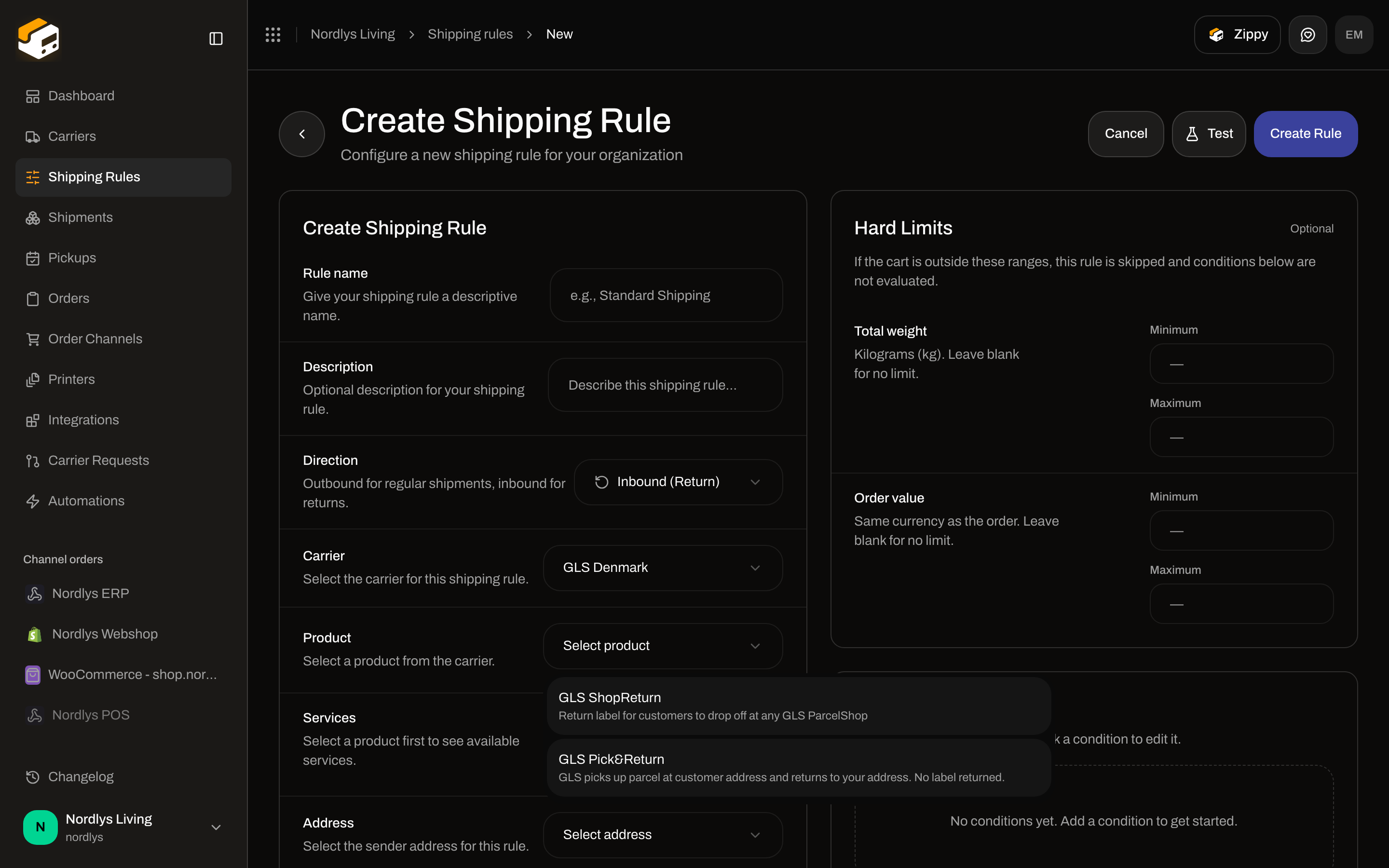 Product dropdown showing GLS ShopReturn and GLS Pick and Return for inbound direction