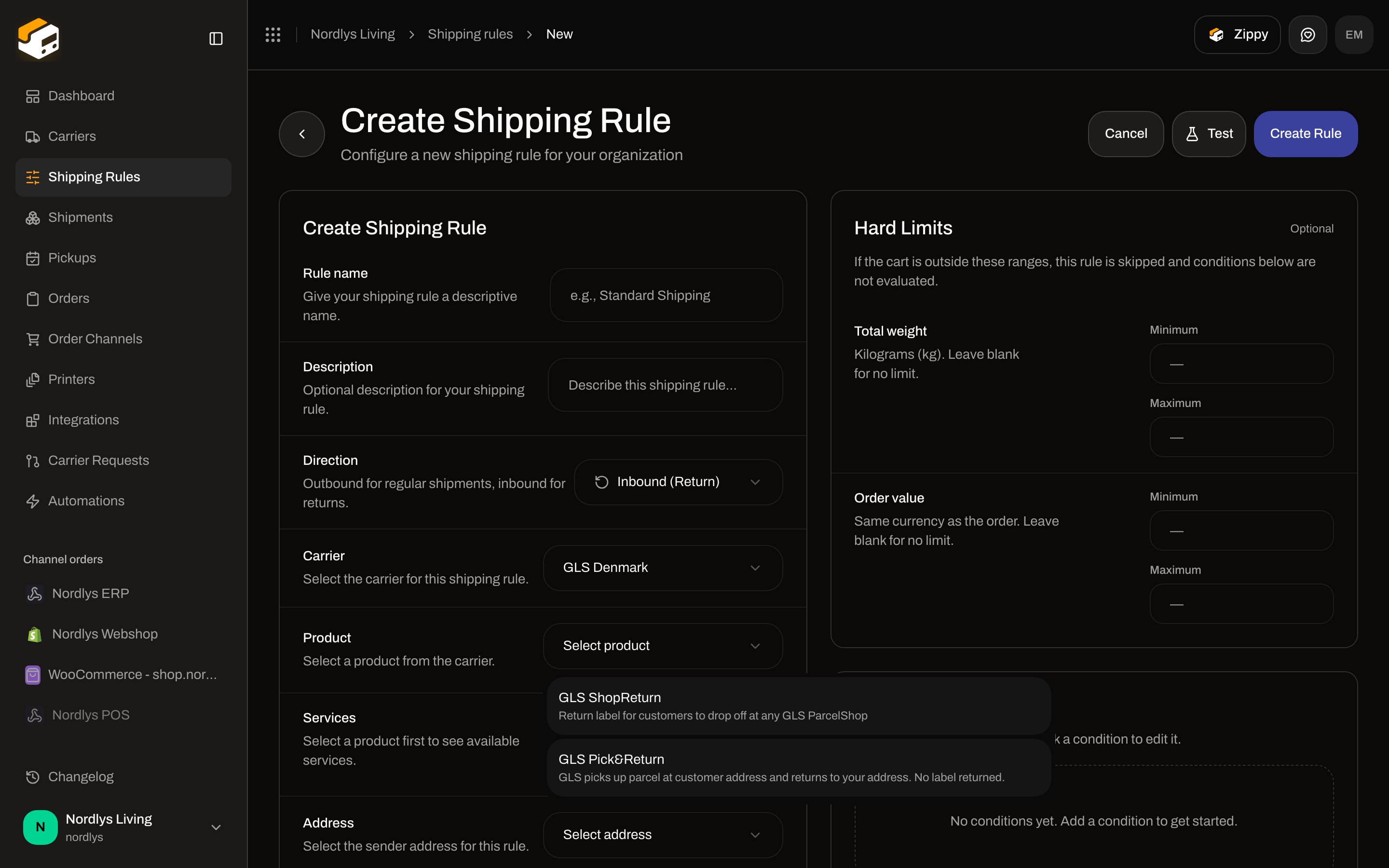 Product dropdown showing GLS ShopReturn and GLS Pick and Return for inbound direction