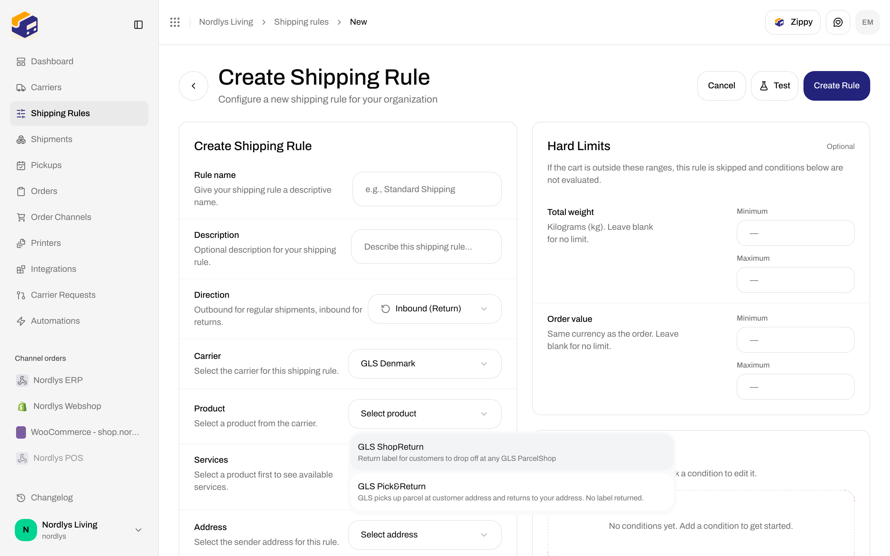 Product dropdown showing GLS ShopReturn and GLS Pick and Return for inbound direction