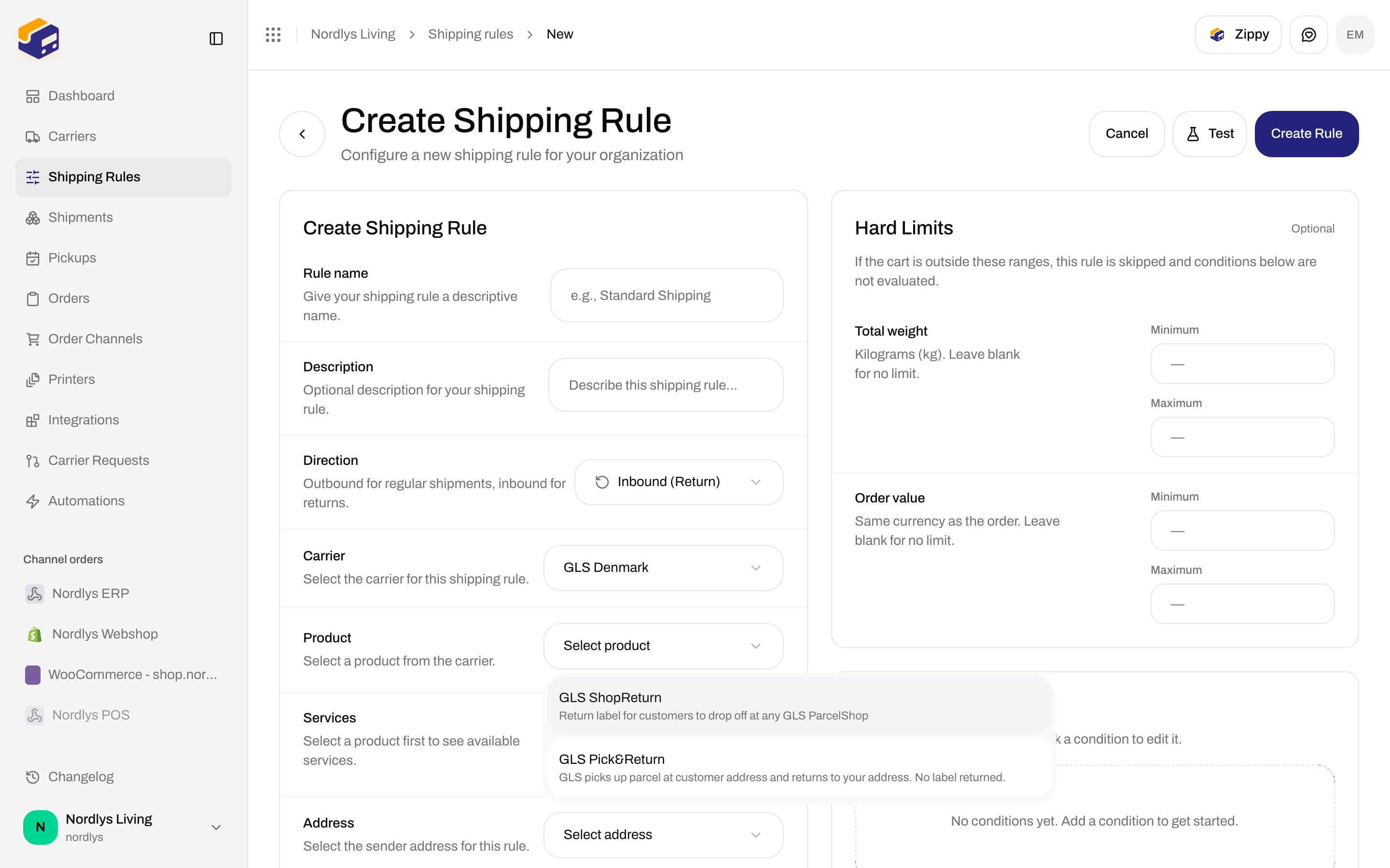 Product dropdown showing GLS ShopReturn and GLS Pick and Return for inbound direction