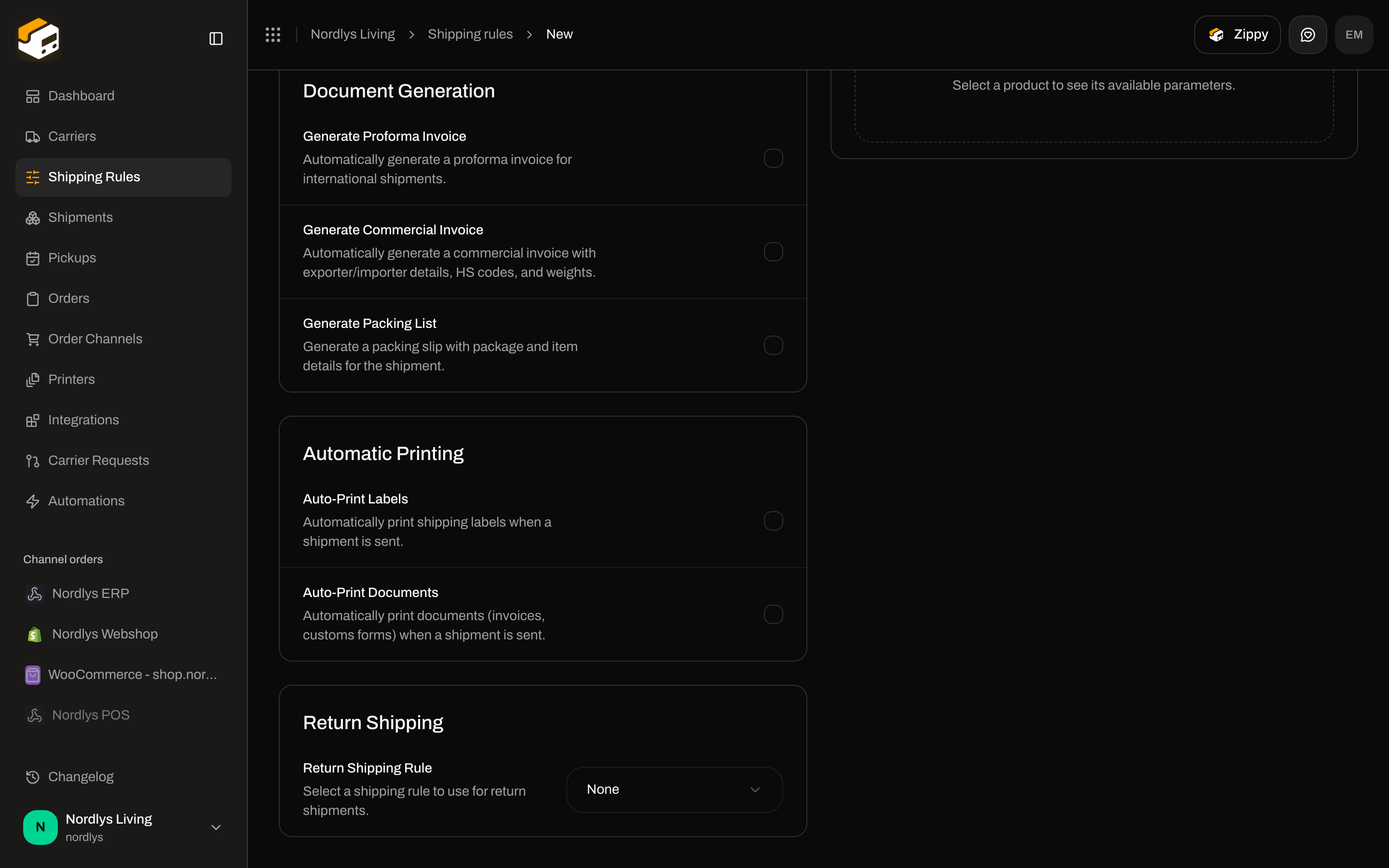 Return Shipping section with Return Shipping Rule set to None