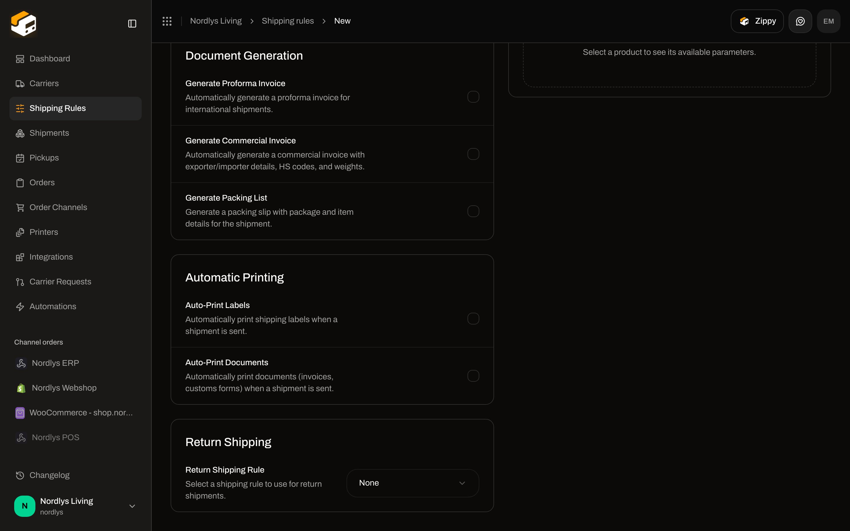Return Shipping section with Return Shipping Rule set to None
