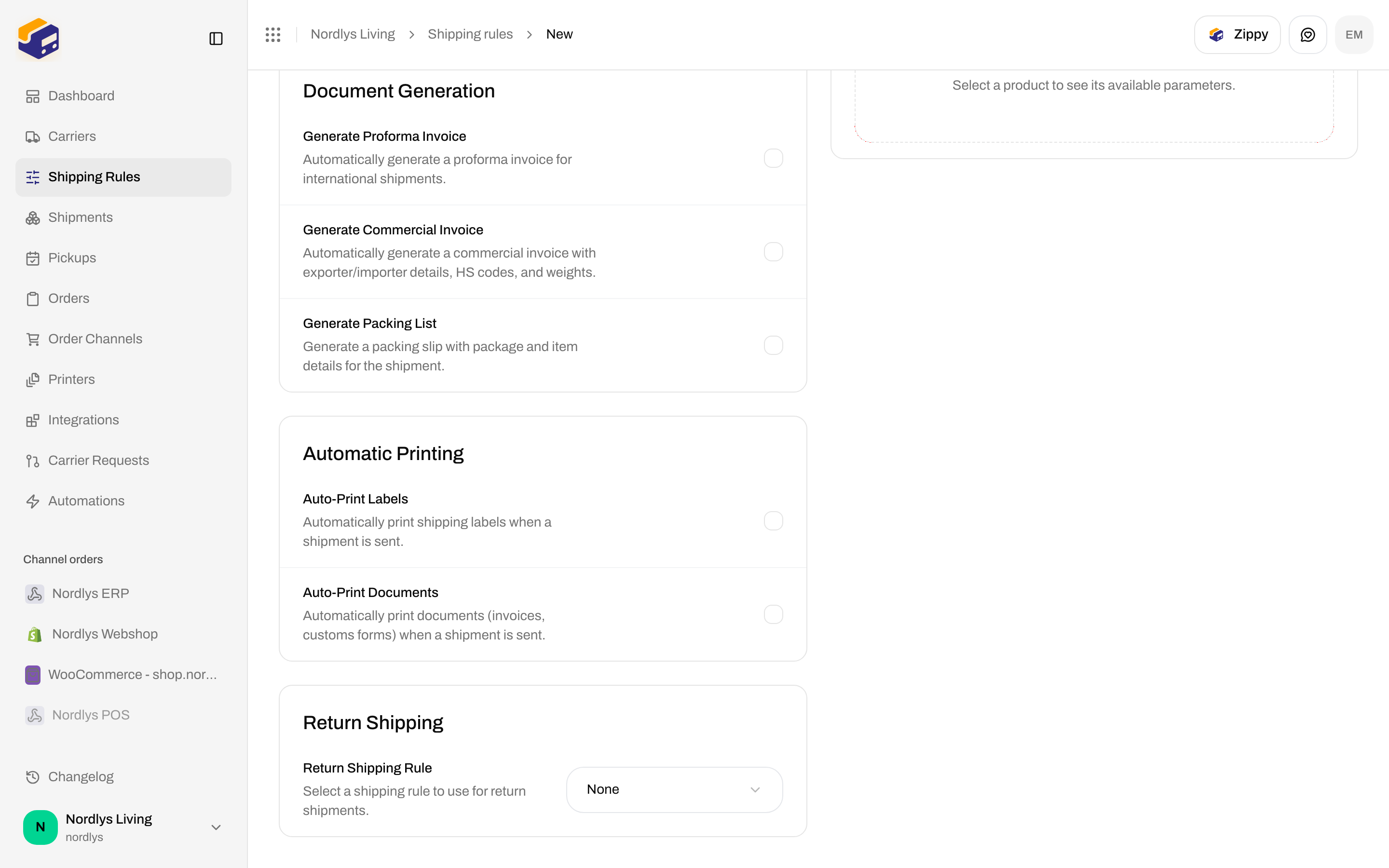 Return Shipping section with Return Shipping Rule set to None