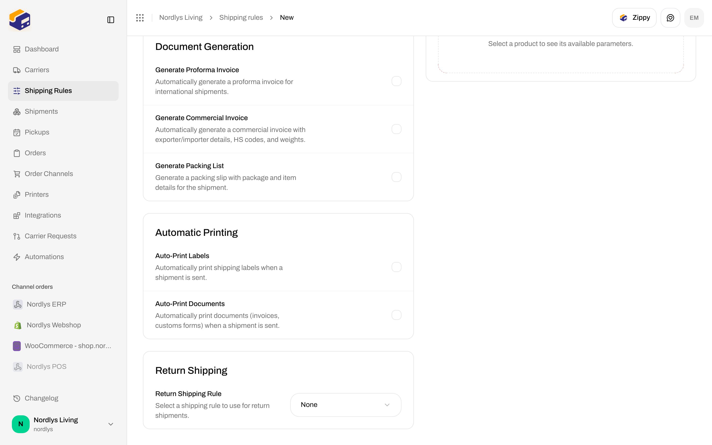 Return Shipping section with Return Shipping Rule set to None