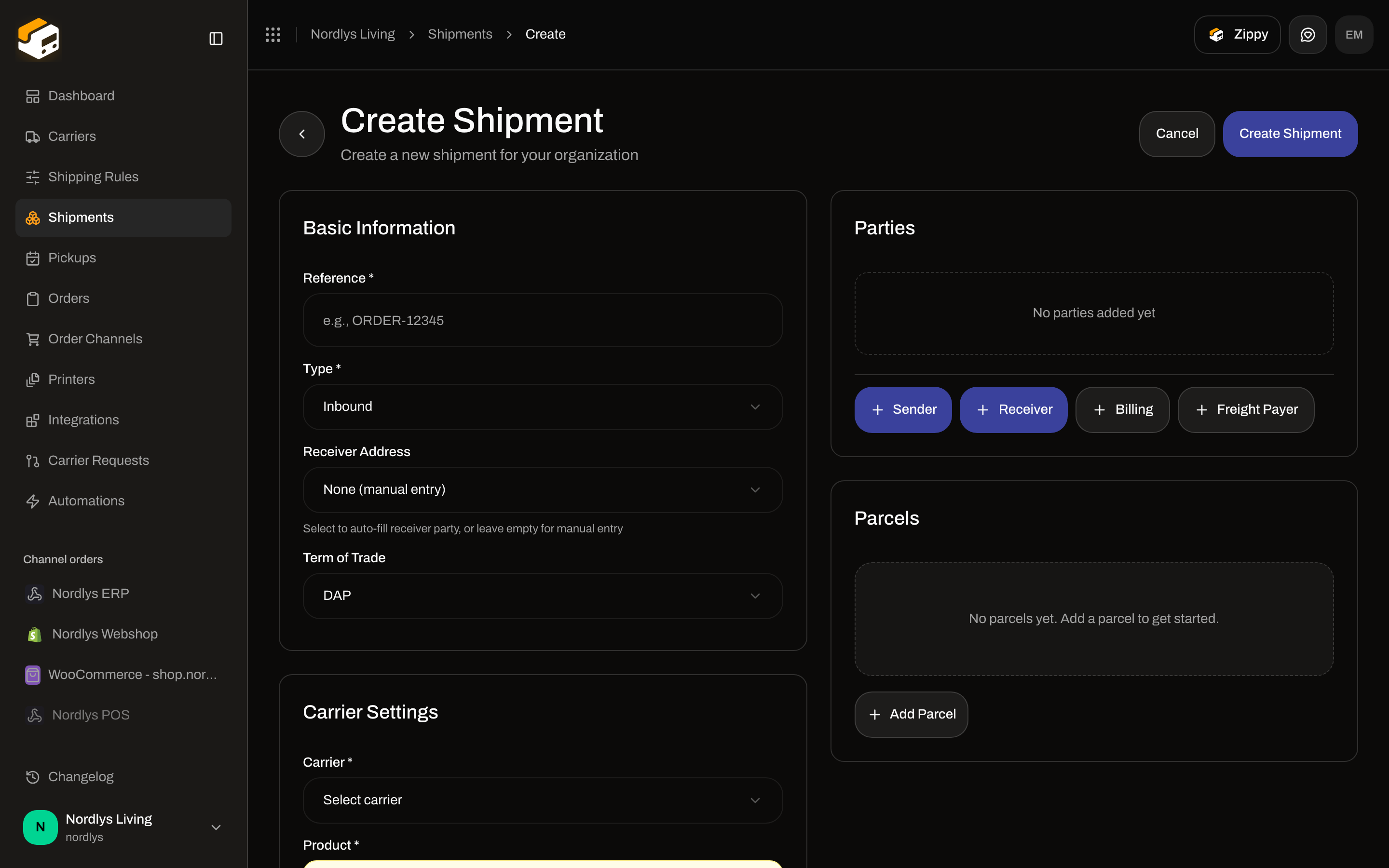 Create shipment form with Type Inbound and Receiver Address
