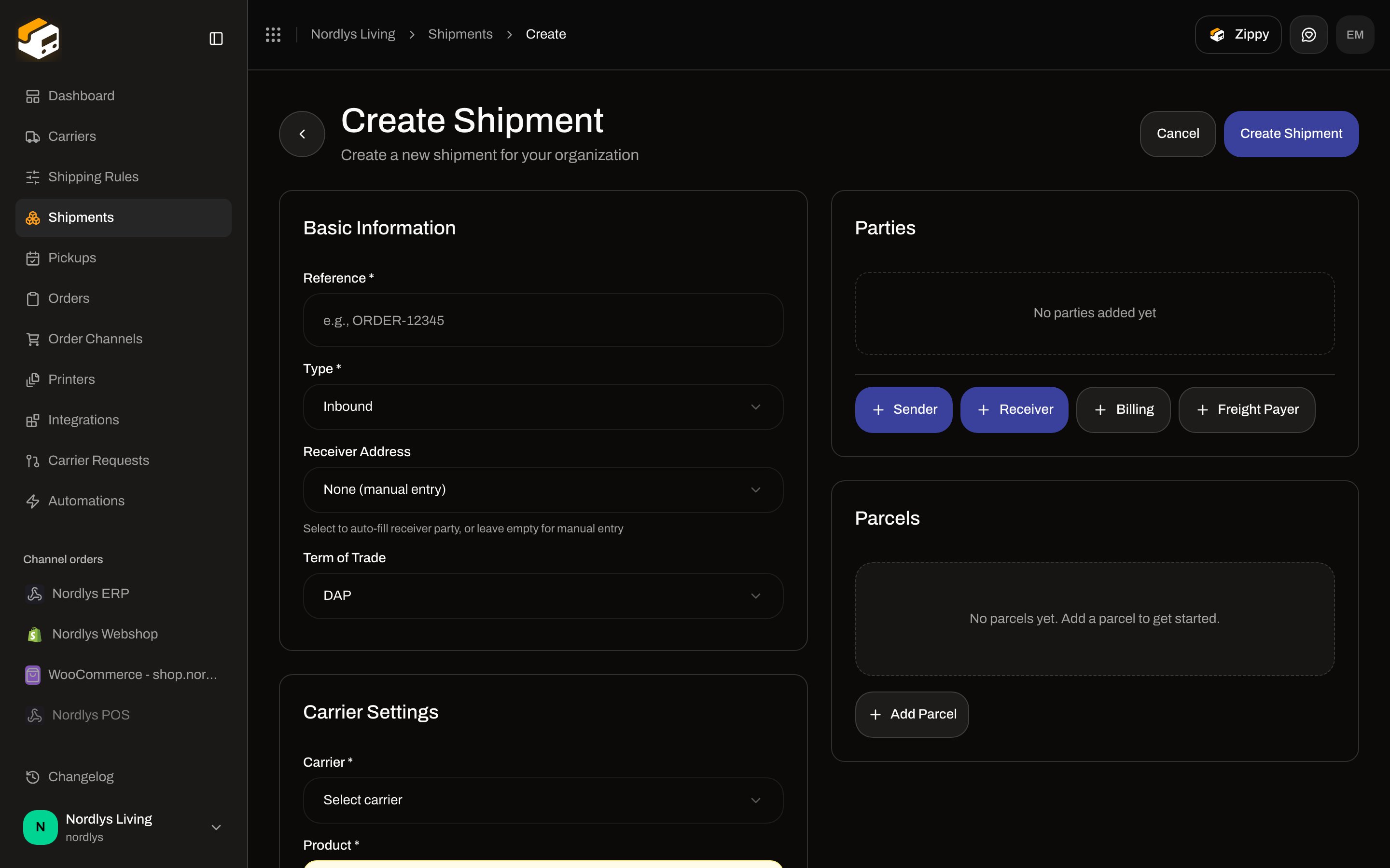 Create shipment form with Type Inbound and Receiver Address