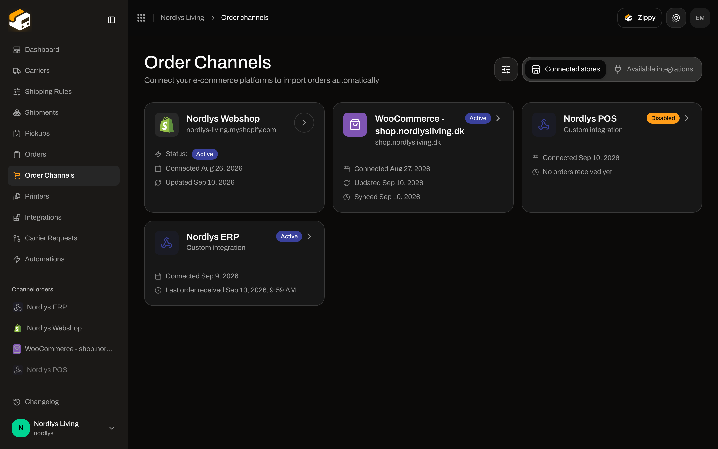Order Channels Connected stores with store cards, Active or Disabled badges, and Channel orders in the sidebar
