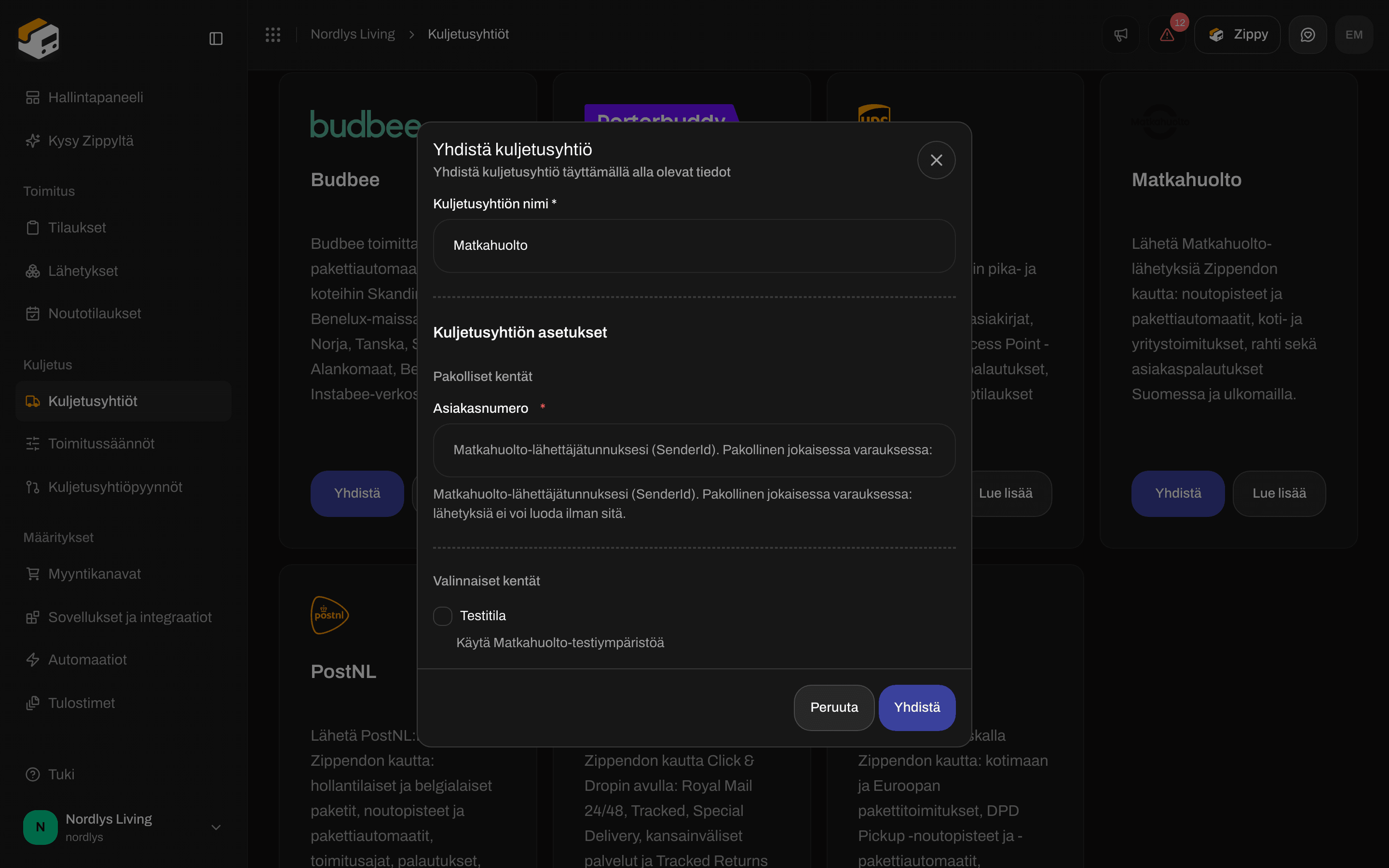 Matkahuolto-kuljetusyhtiön Yhdistä kuljetusyhtiö -ikkuna, jossa Account number -kenttä ja Testitila-valintaruutu