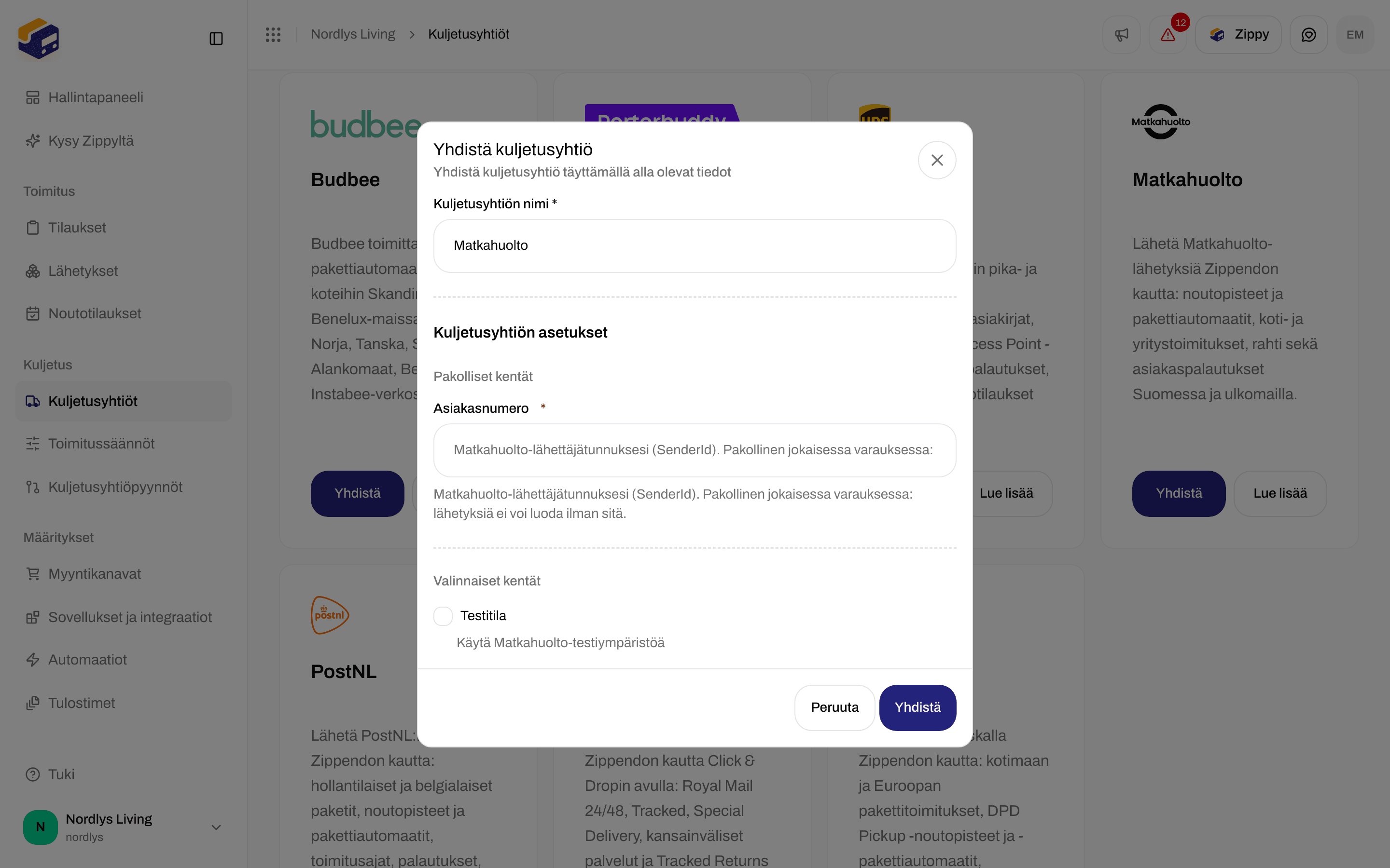Matkahuolto-kuljetusyhtiön Yhdistä kuljetusyhtiö -ikkuna, jossa Account number -kenttä ja Testitila-valintaruutu