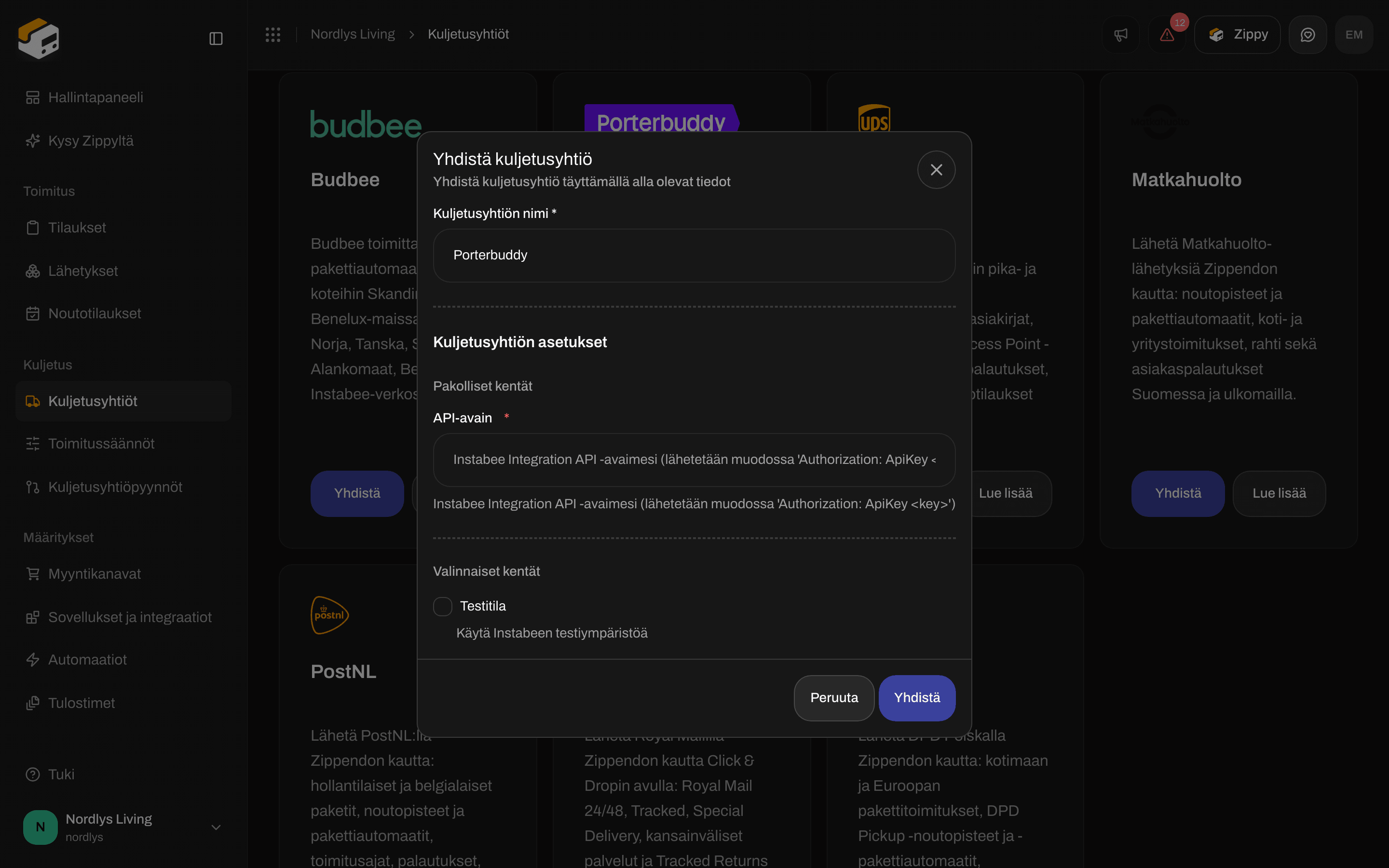 Yhdistä kuljetusyhtiö -ikkuna Porterbuddylle, jossa API-avain-kenttä ja Testitila-valintaruutu
