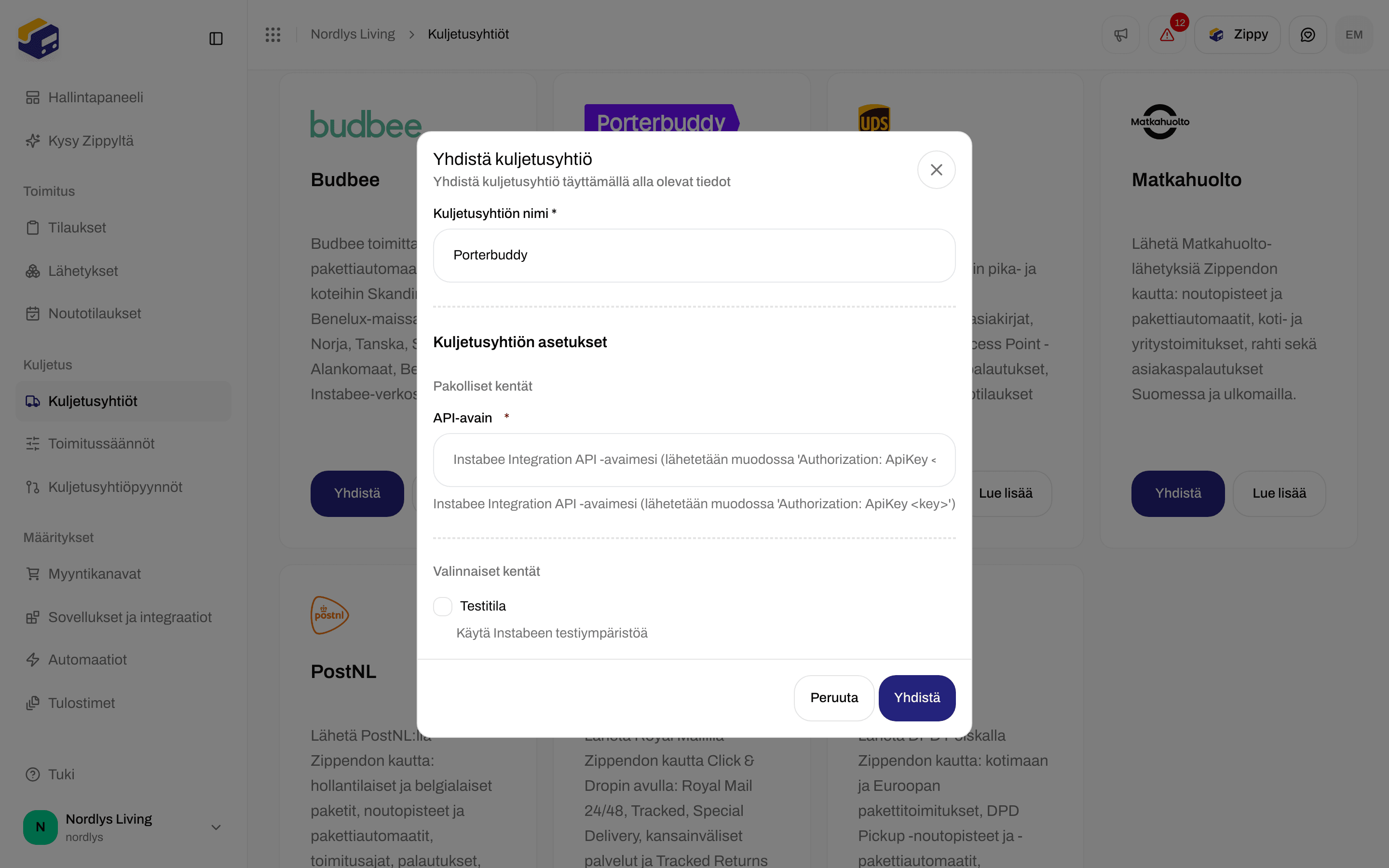 Yhdistä kuljetusyhtiö -ikkuna Porterbuddylle, jossa API-avain-kenttä ja Testitila-valintaruutu