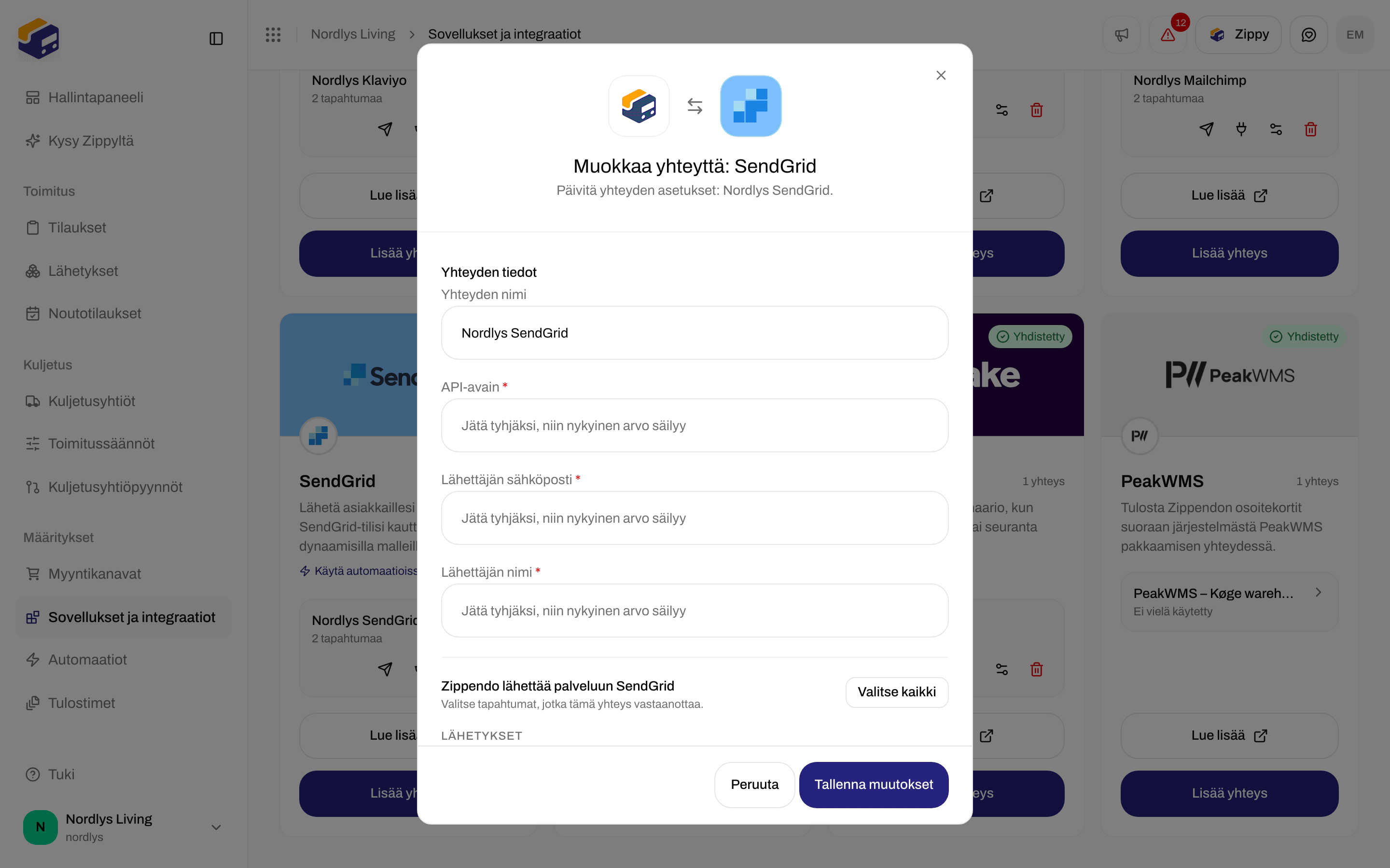 SendGrid-yhteyden muokkausikkuna, jossa yhteyden nimi, tyhjät API-avain-, Lähettäjän sähköposti- ja Lähettäjän nimi -kentät sekä tapahtumat