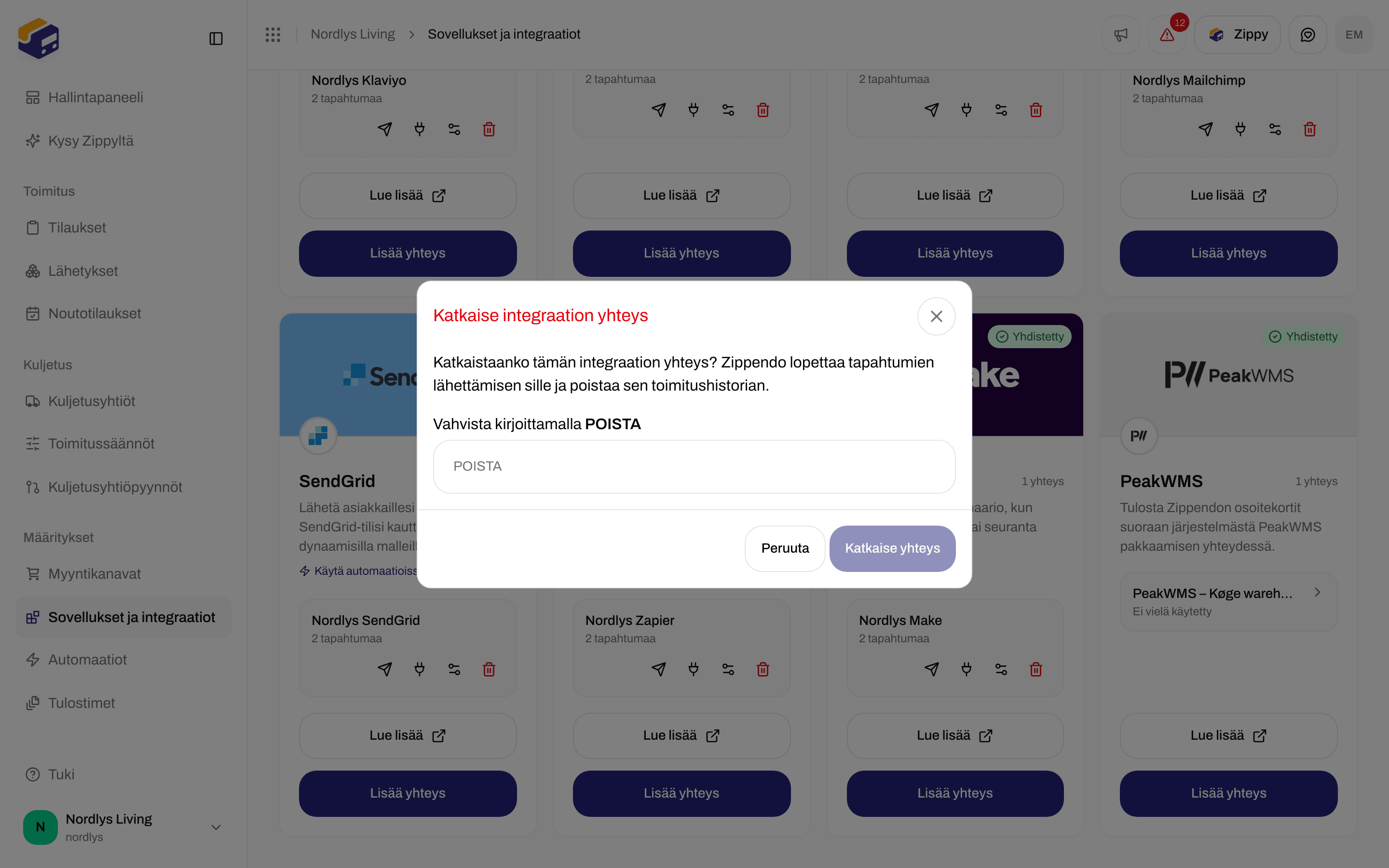 Katkaise integraation yhteys -ikkuna, joka pyytää kirjoittamaan DELETE