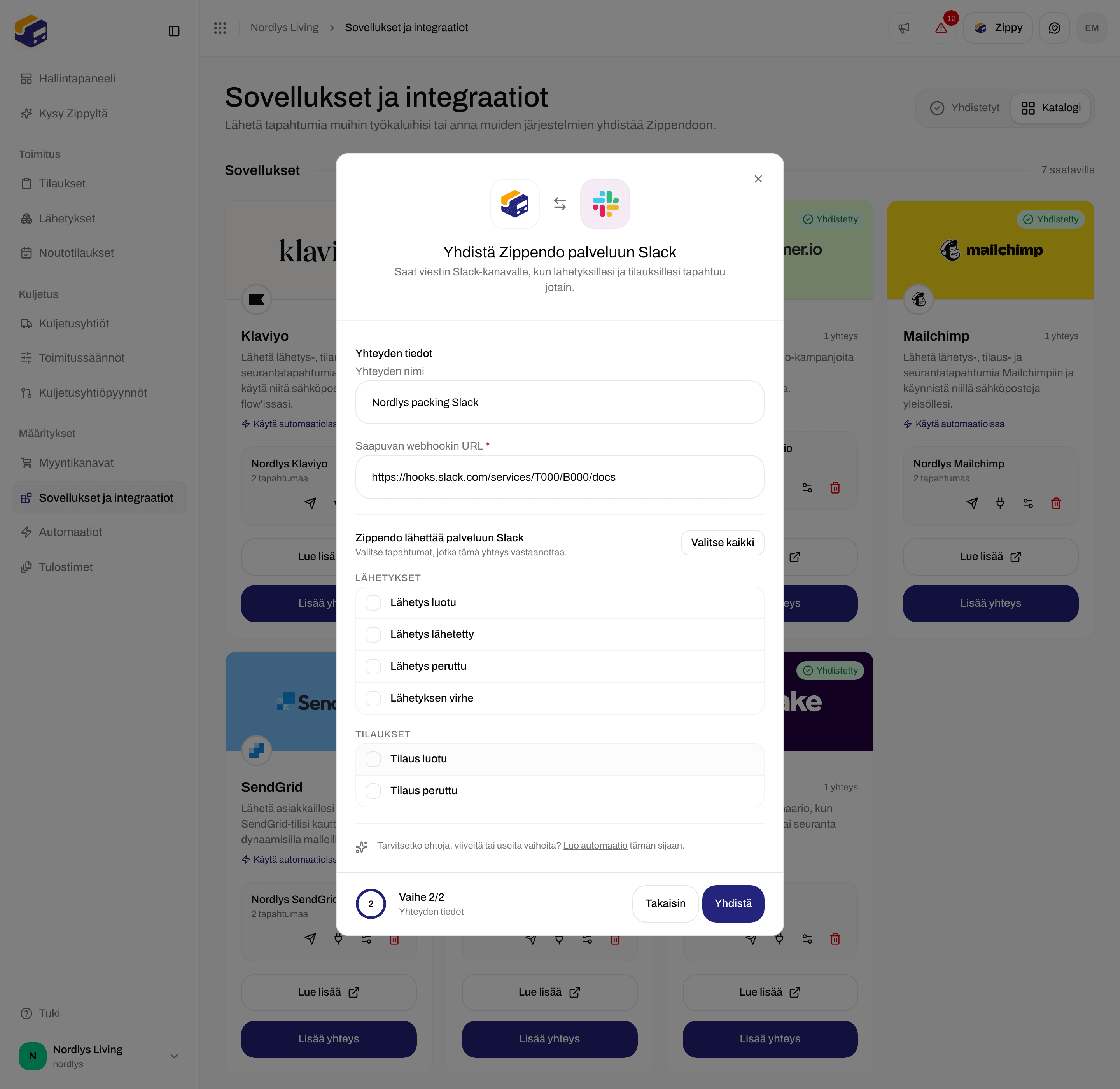 Slackin yhteysikkuna, jossa on yhteyden nimi, Incoming webhook -URL ja tapahtumien valintaruudut