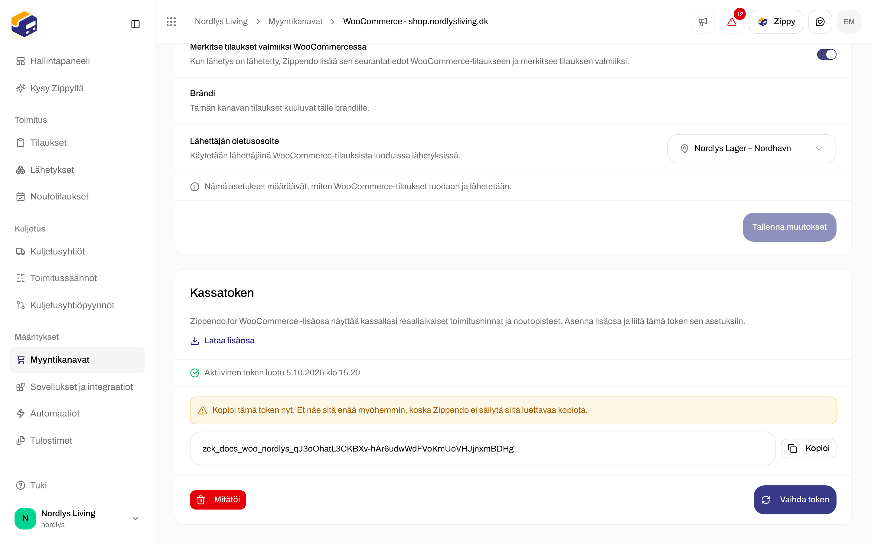 Kassatoken-kortti, jossa kertaluonteinen varoitus, token, Kopioi, Mitätöi ja Vaihda token