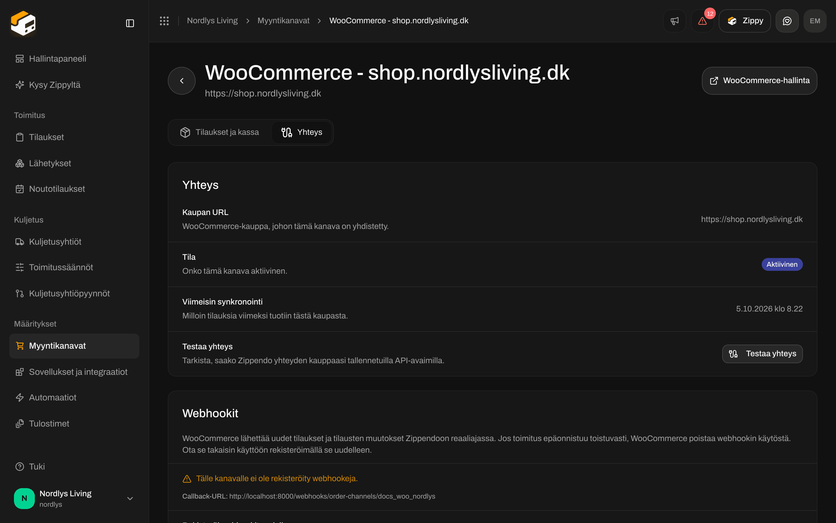 WooCommercen Yhteys-välilehti, jossa Kaupan URL, Tila, Viimeisin synkronointi ja Testaa yhteys