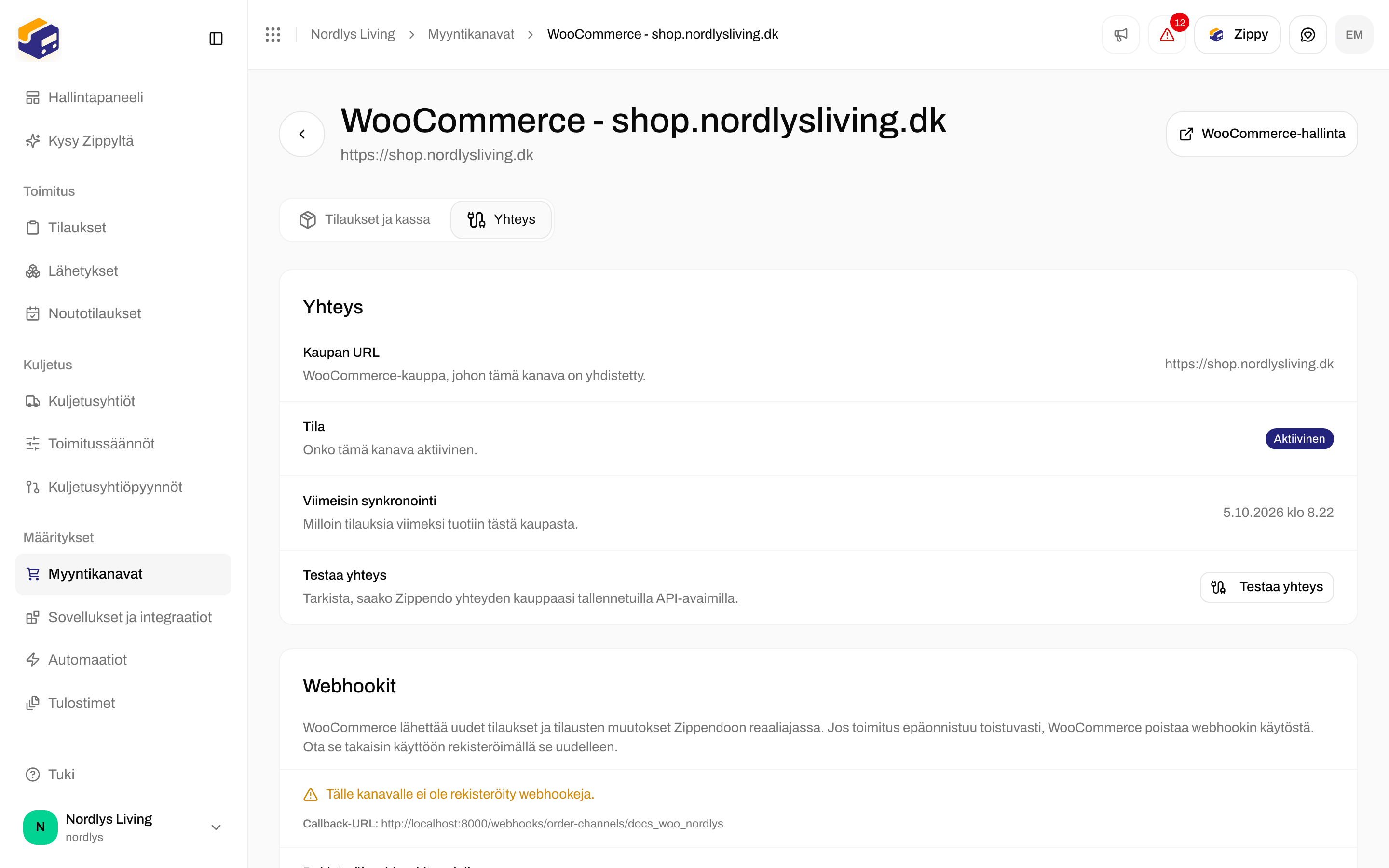 WooCommercen Yhteys-välilehti, jossa Kaupan URL, Tila, Viimeisin synkronointi ja Testaa yhteys