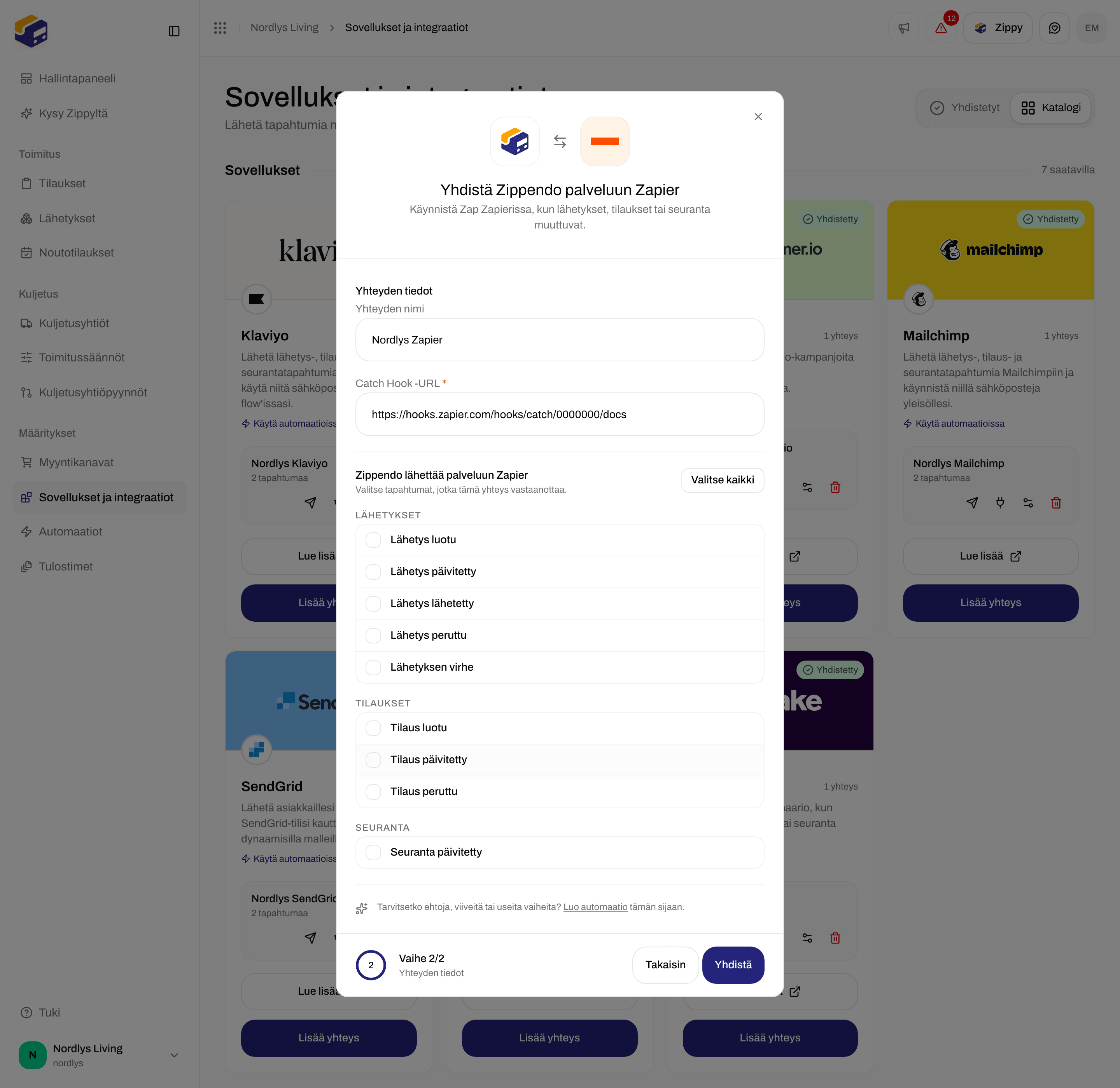 Zapierin yhteysikkuna, jossa yhteyden nimi, Catch Hook -URL ja tapahtumien valintaruudut