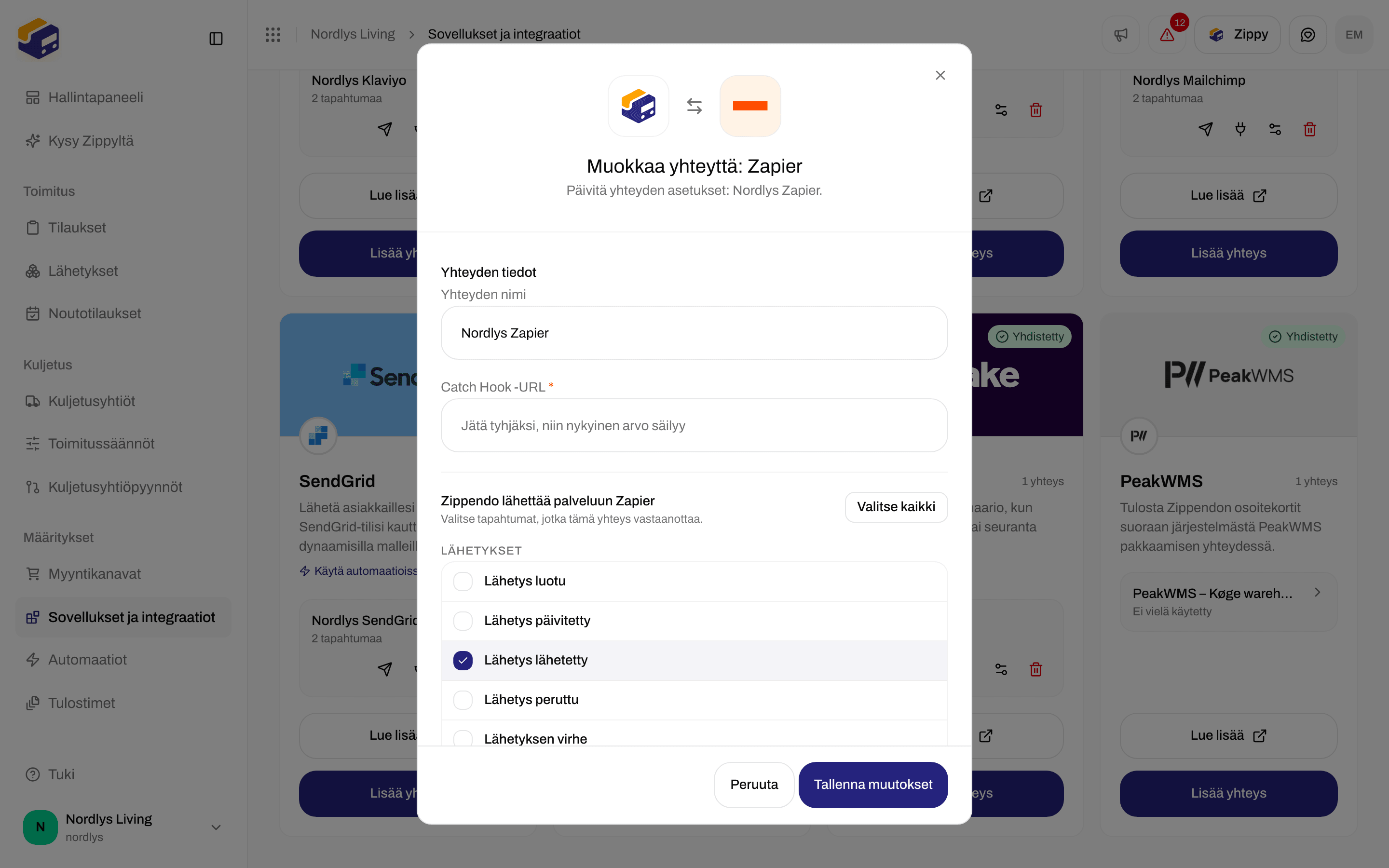 Zapier-yhteyden muokkausikkuna, jossa yhteyden nimi, tyhjä Catch Hook -kenttä ja tapahtumat