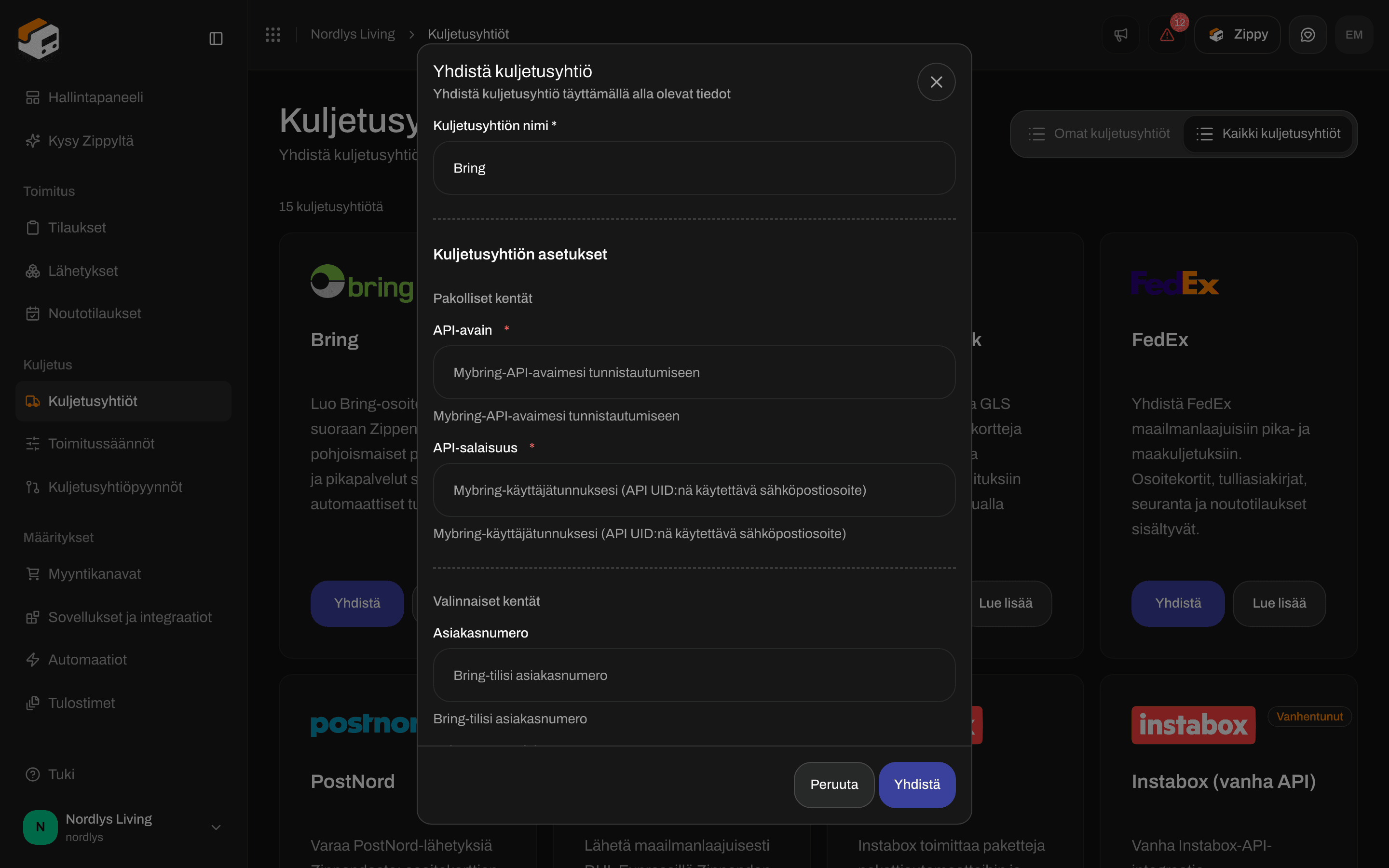 Yhdistä kuljetusyhtiö -ikkuna, jossa Kuljetusyhtiön nimi Bring ja Kuljetusyhtiön asetukset -kentät API-avaimelle ja API secretille