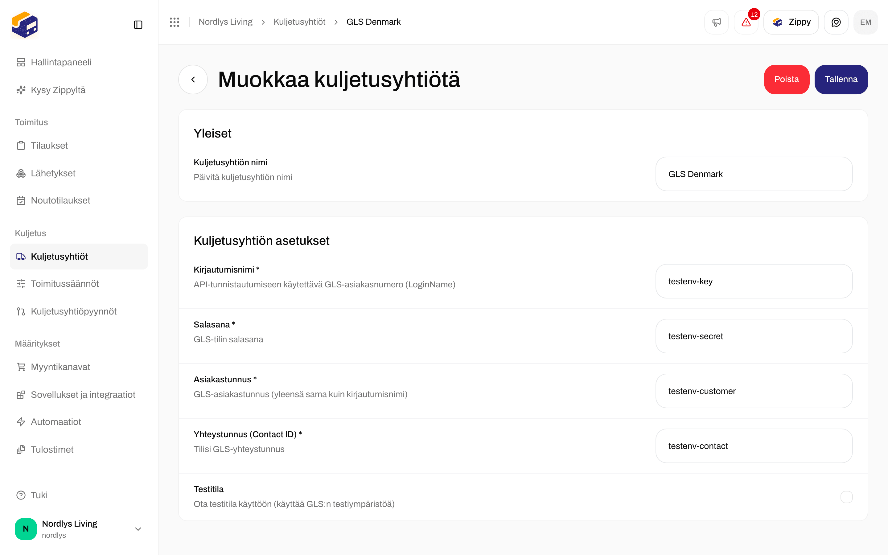 GLS Denmarkin Muokkaa kuljetusyhtiötä -sivu, jossa Login name, Salasana, Customer ID, Contact ID ja Testitila