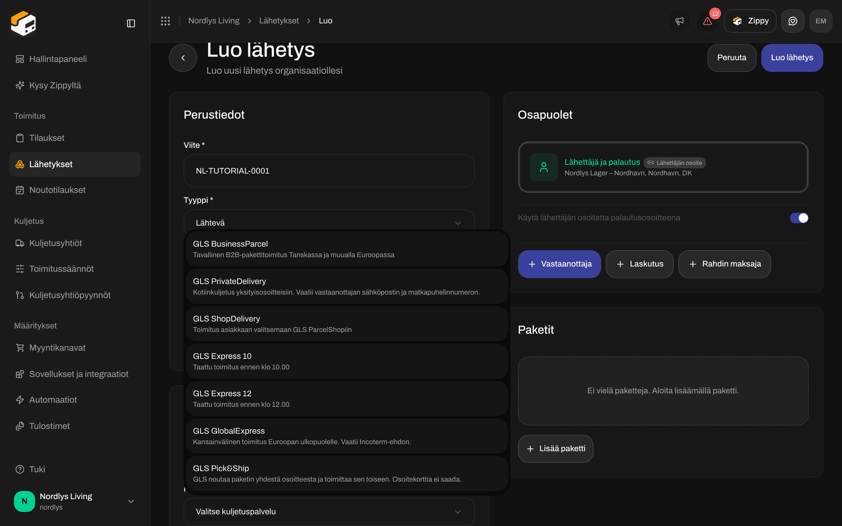 Luo lähetys -sivu, jossa GLS Denmarkin kuljetuspalveluluettelo on auki