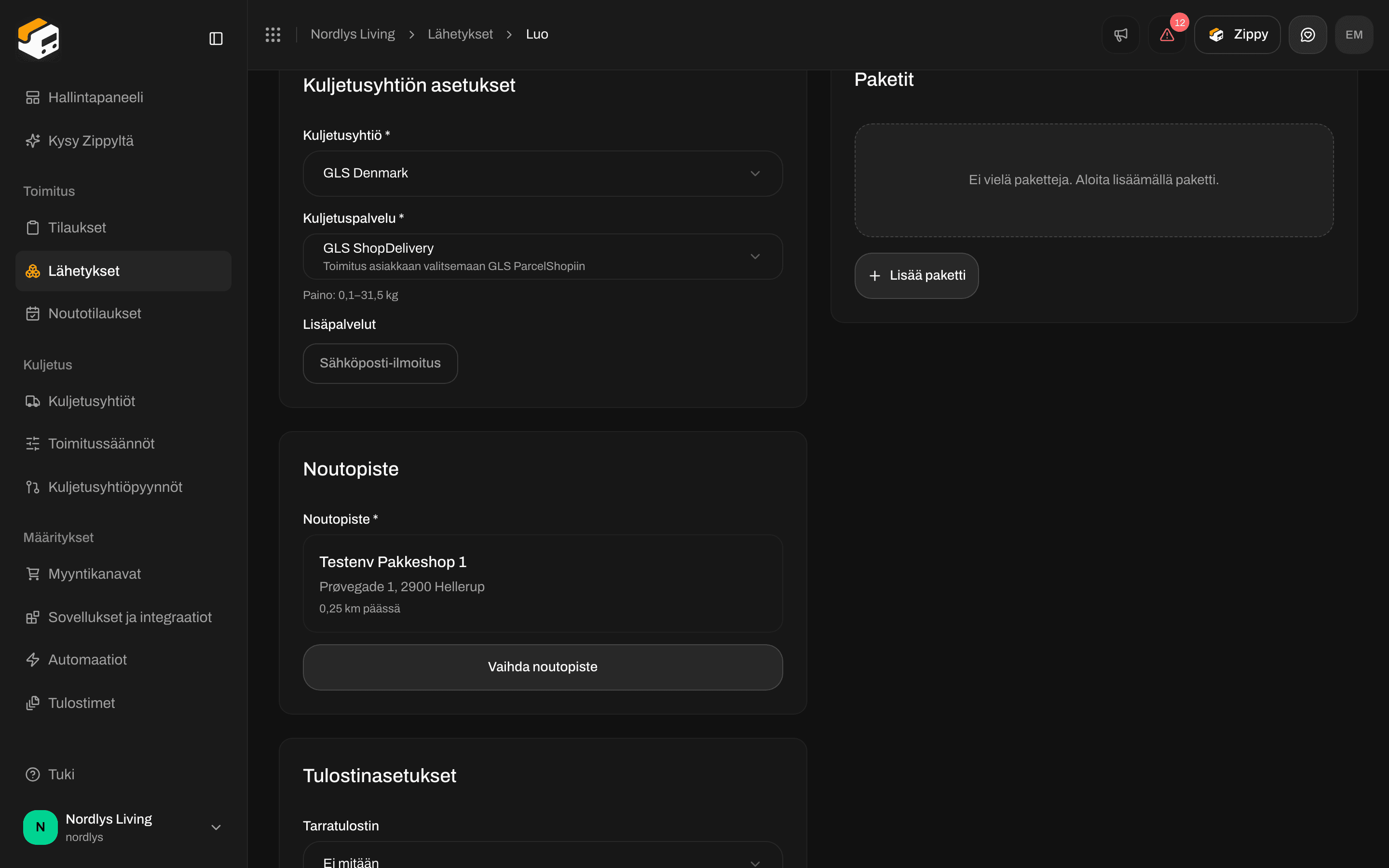 Luo lähetys -sivu, jossa GLS ShopDelivery ja Noutopiste-osa, jossa näkyvät valittu noutopiste ja Vaihda noutopiste -painike