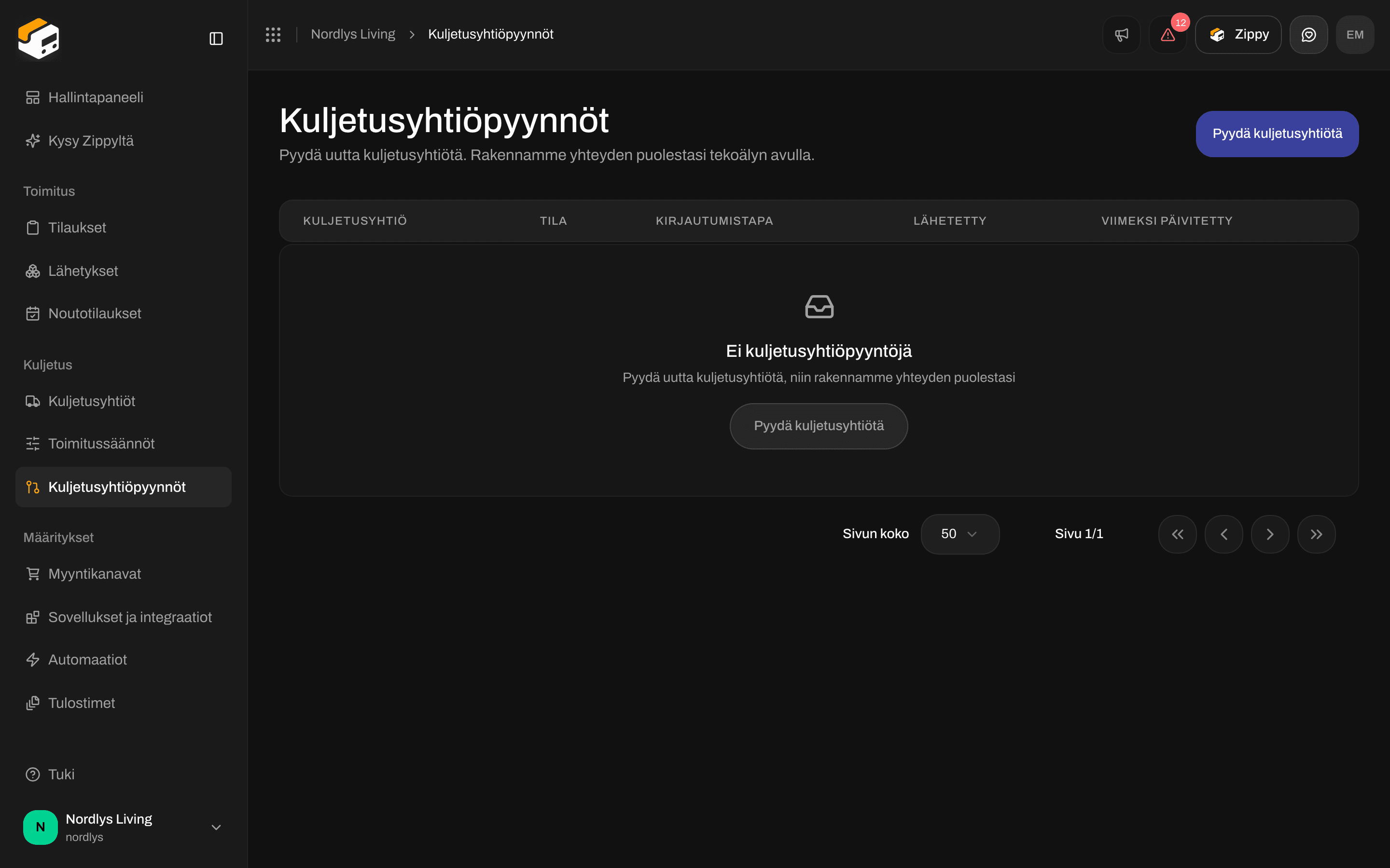 Kuljetusyhtiöpyynnöt-sivu, jossa ei ole vielä pyyntöjä, ja Pyydä kuljetusyhtiötä -painike