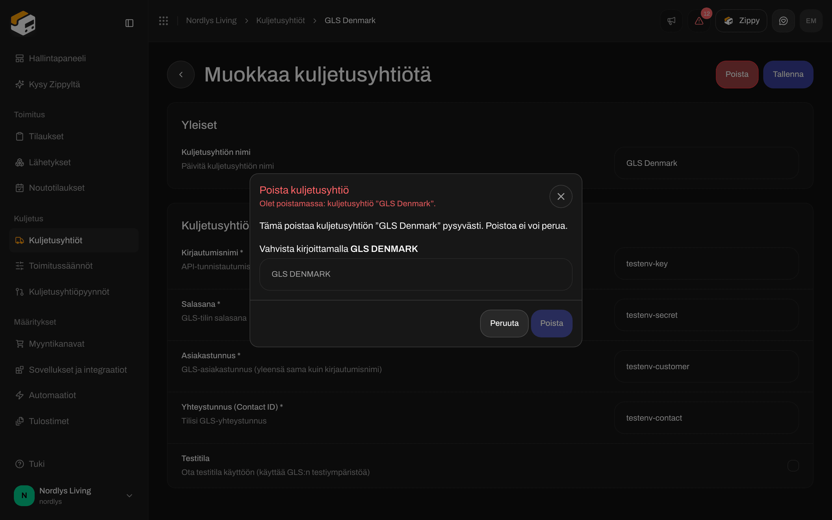 GLS Denmarkin Poista kuljetusyhtiö -ikkuna, jossa nimi on kirjoitettu isoilla kirjaimilla