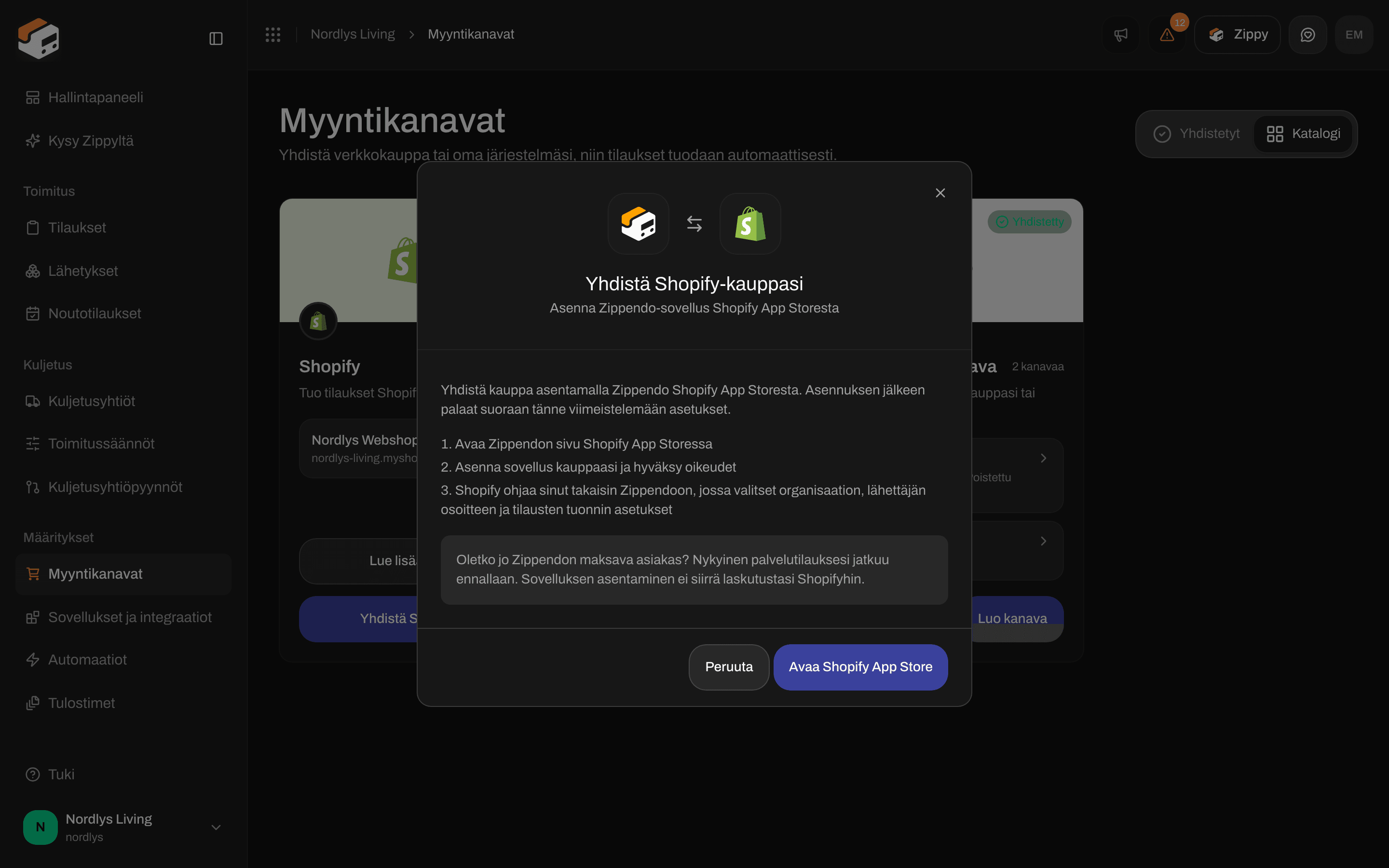 Yhdistä Shopify-kauppasi -ikkuna, jossa Avaa Shopify App Store -painike