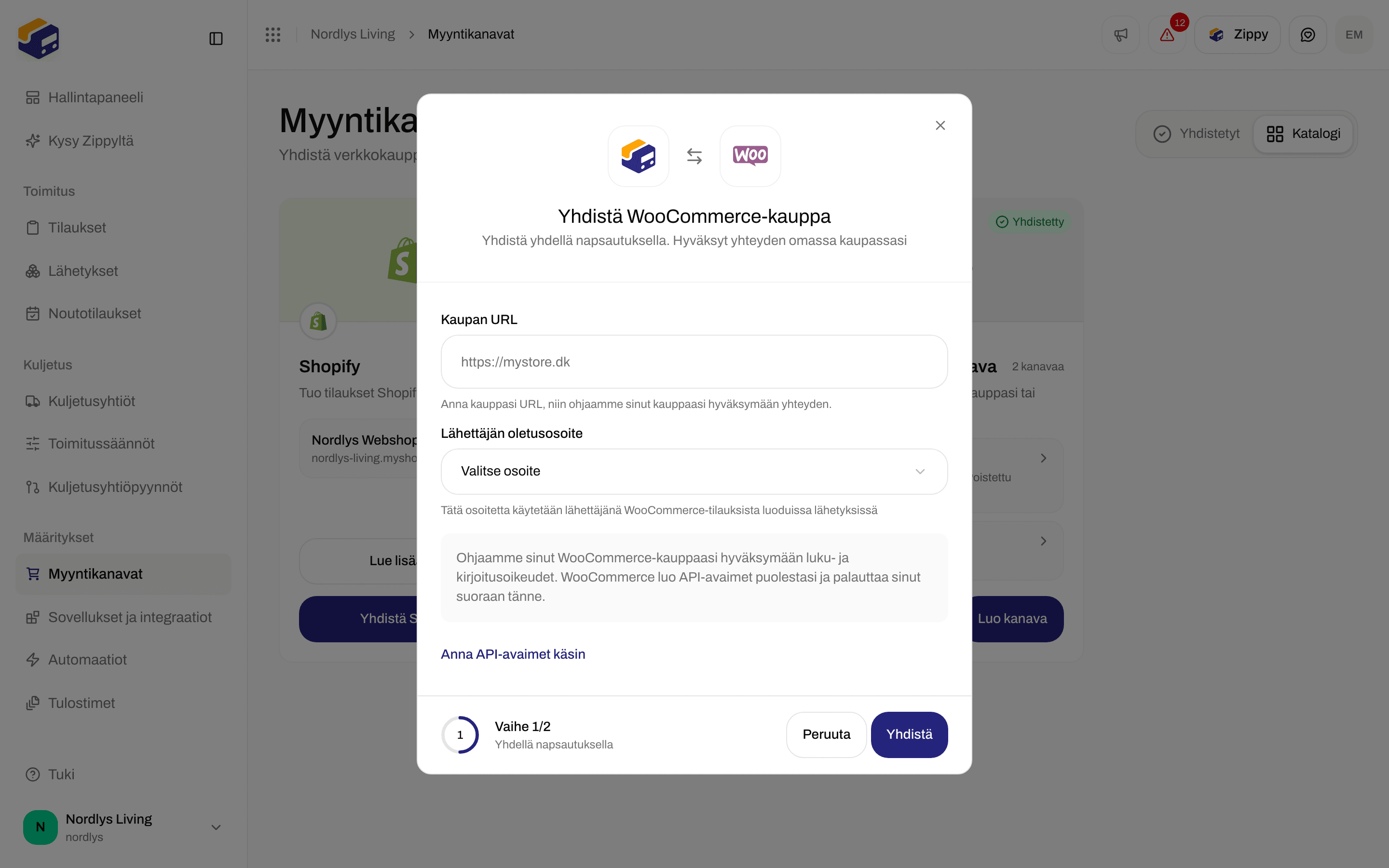 Yhdistä WooCommerce-kauppa -ikkuna, jossa Kaupan URL, Lähettäjän oletusosoite ja Yhdistä