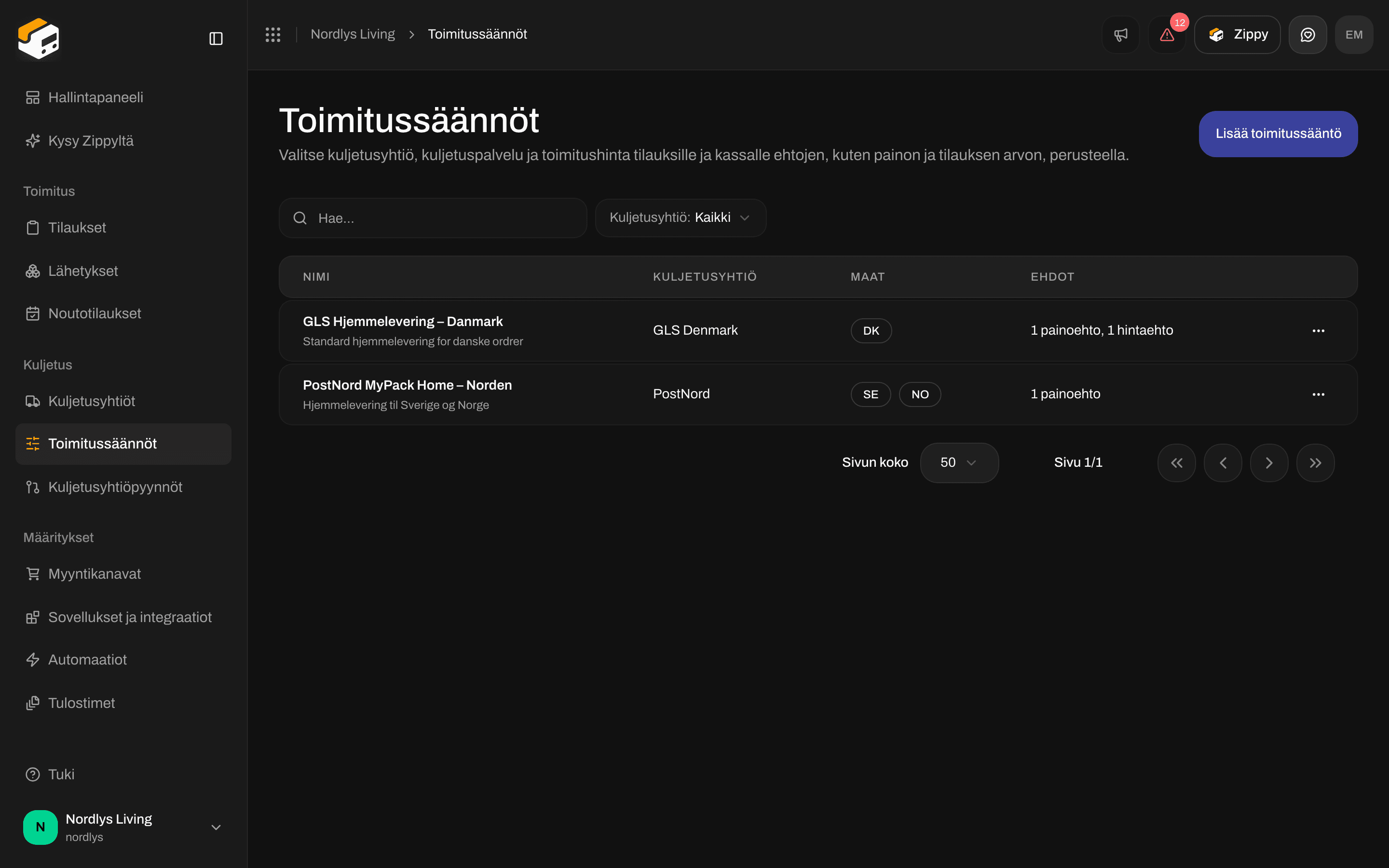Toimitussääntöluettelo, jossa GLS-kotiinkuljetussääntö Tanskaan ja PostNord-kotiinkuljetussääntö Pohjoismaihin