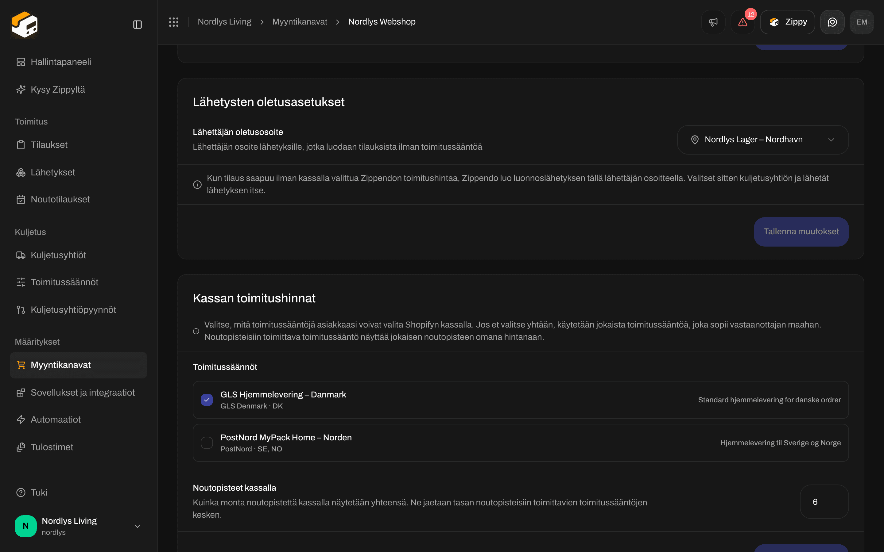 Kassan toimitushinnat, joissa yksi toimitussääntö on valittu ja yksi ei