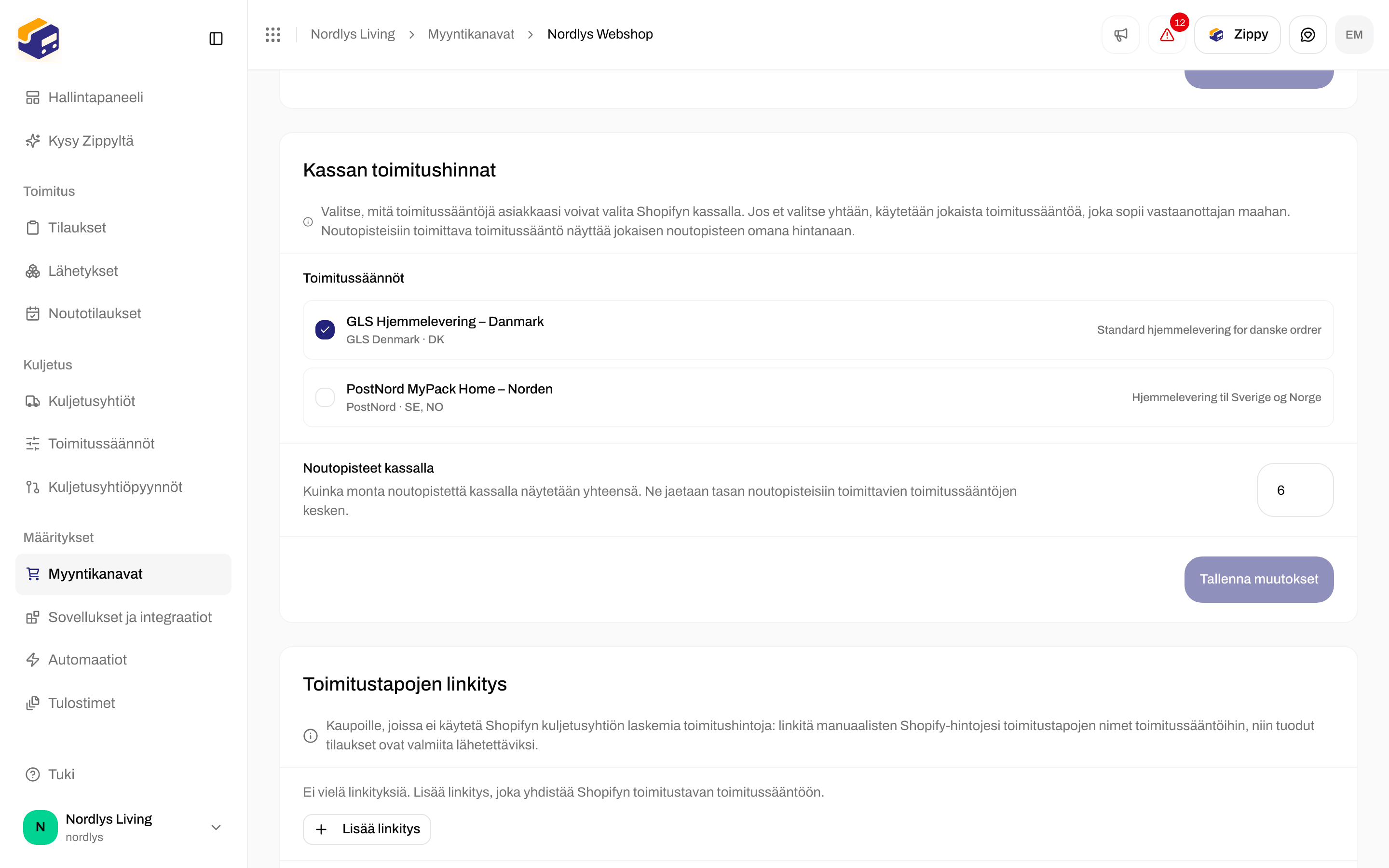 Noutopisteet kassalla arvolla 6, alla tyhjä Toimitustapojen linkitys -osio