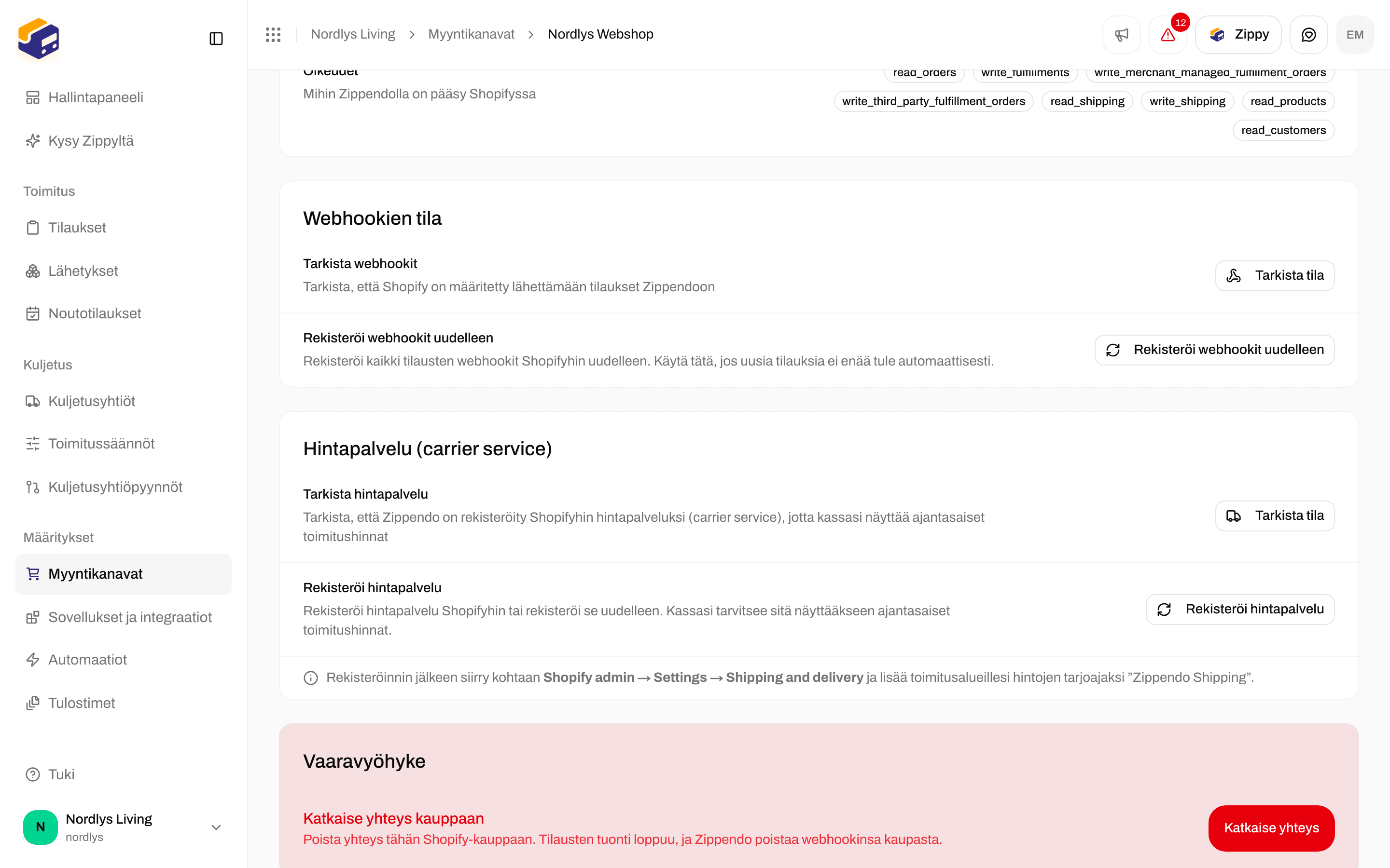 Hintapalvelu-kortti, jossa Tarkista tila ja Rekisteröi hintapalvelu, ja alla Vaaravyöhyke
