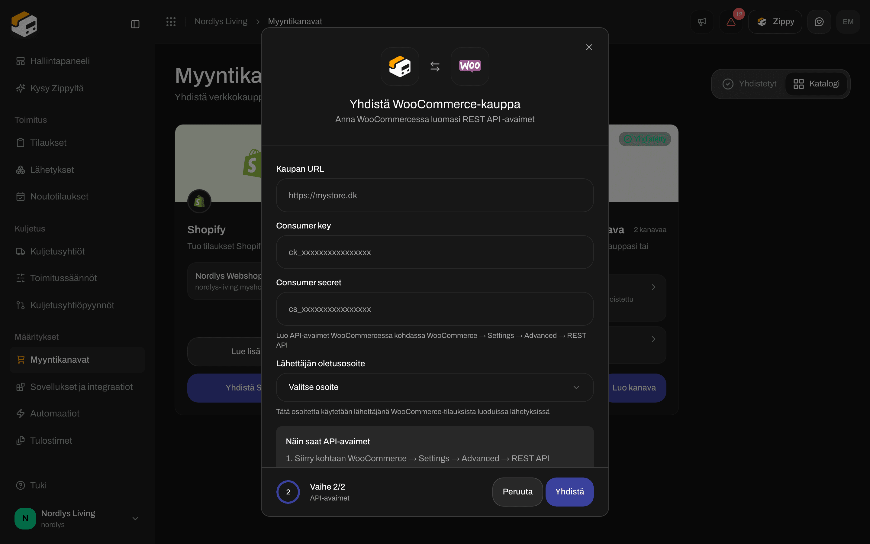 Yhdistä WooCommerce-kauppa -ikkuna API-avaimet-vaiheessa