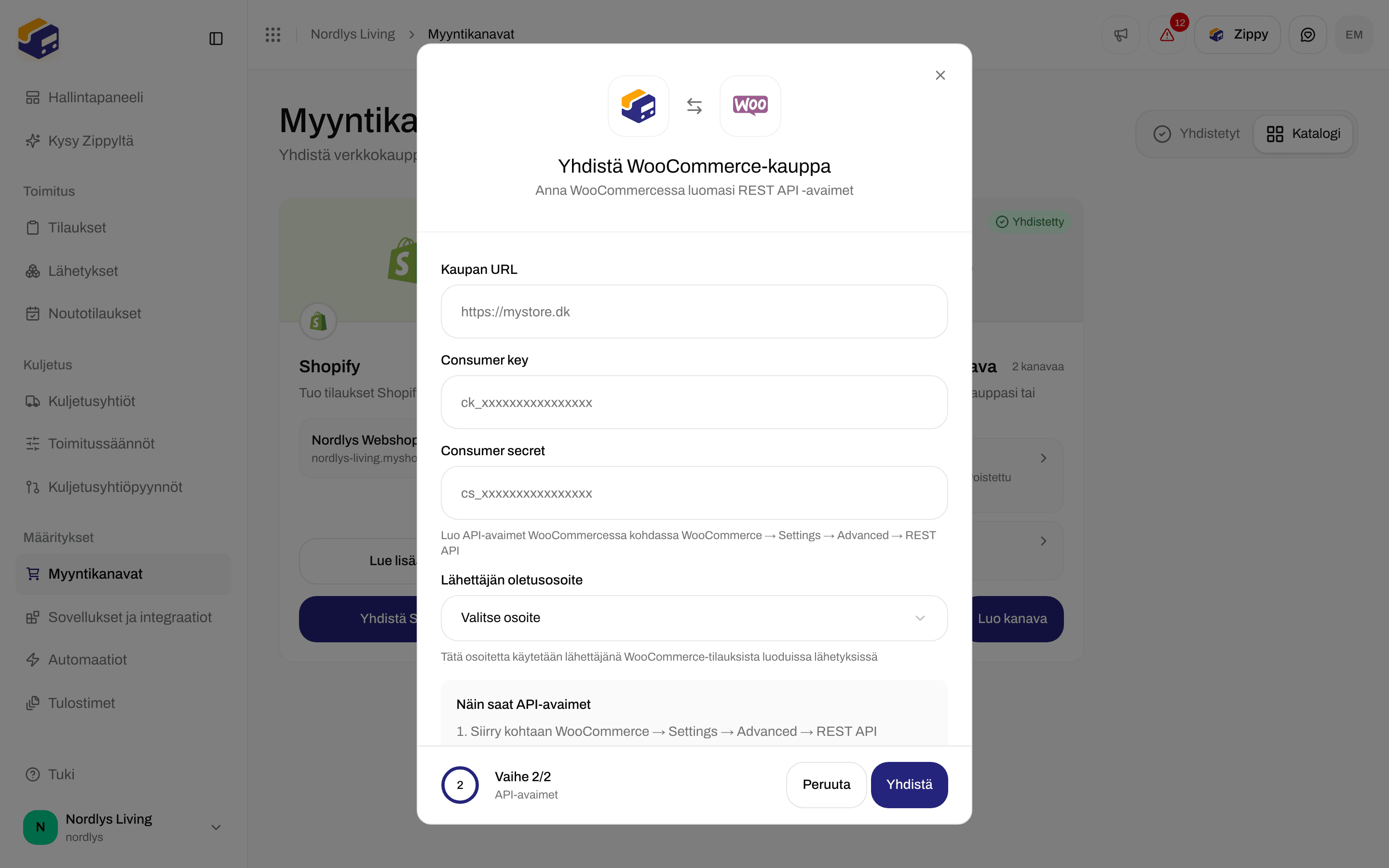 Yhdistä WooCommerce-kauppa -ikkuna API-avaimet-vaiheessa
