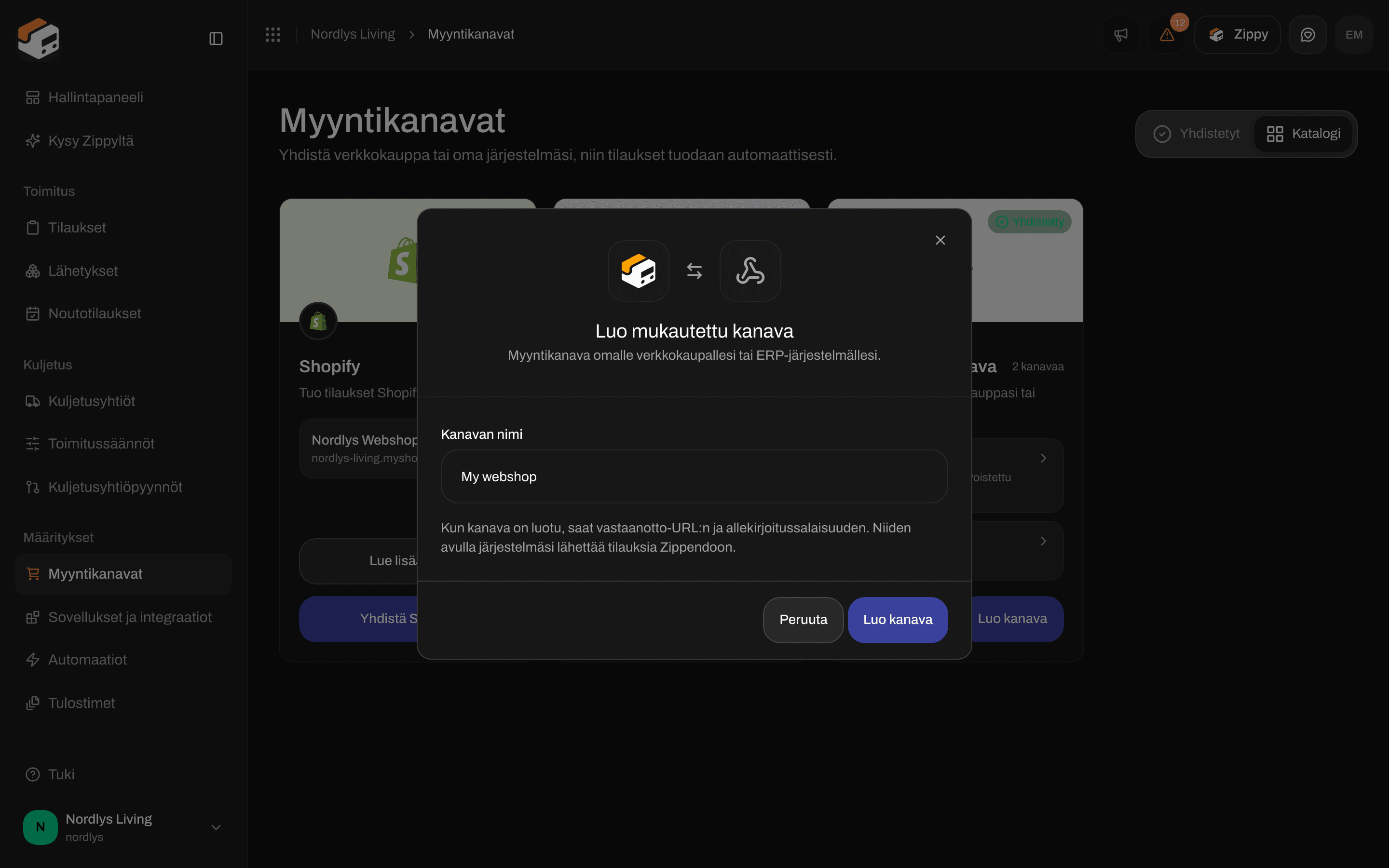 Luo mukautettu kanava -ikkuna, jossa Kanavan nimi My webshop