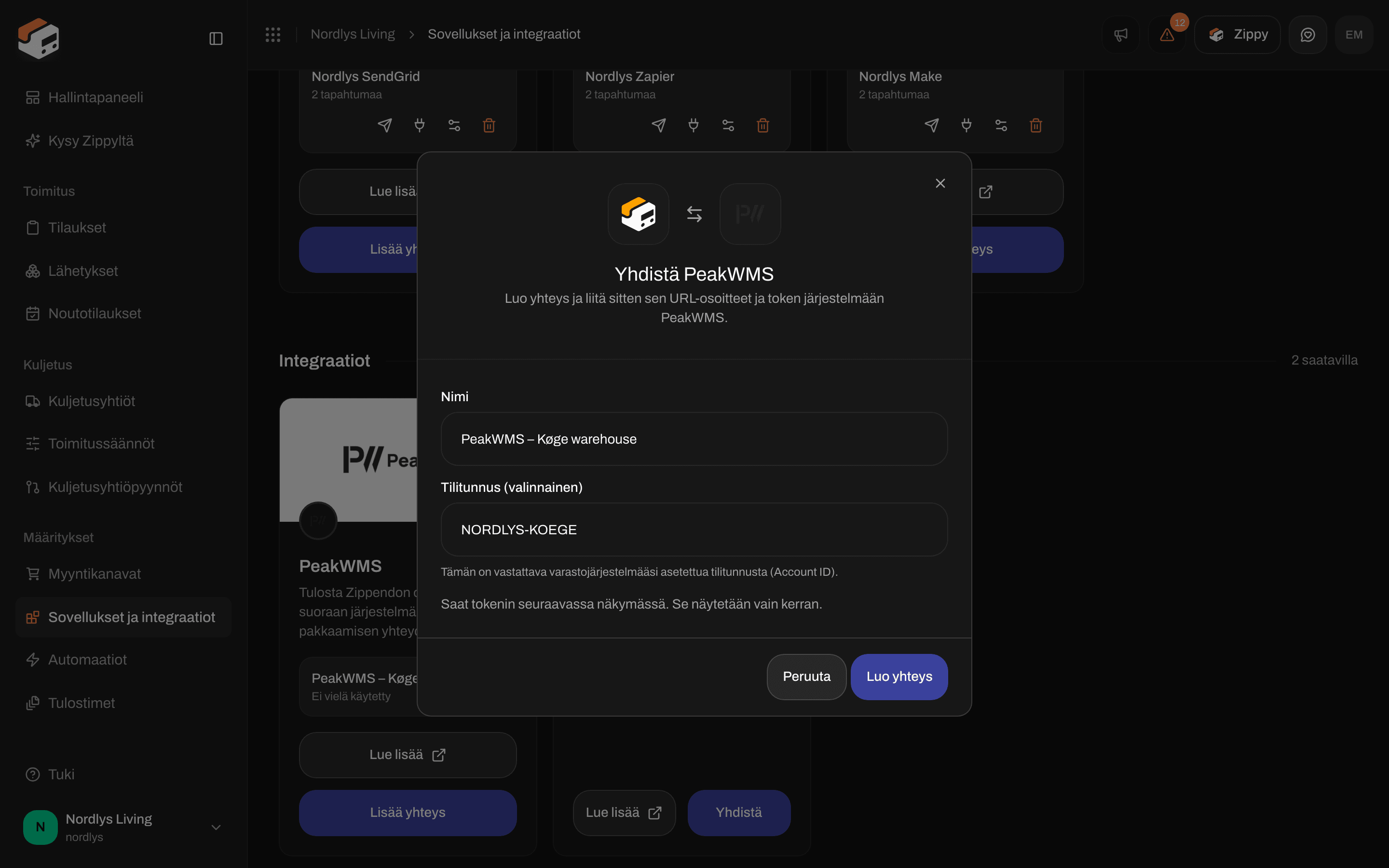 Yhdistä PeakWMS -ikkuna, jossa varaston nimi ja esimerkki Account ID:stä