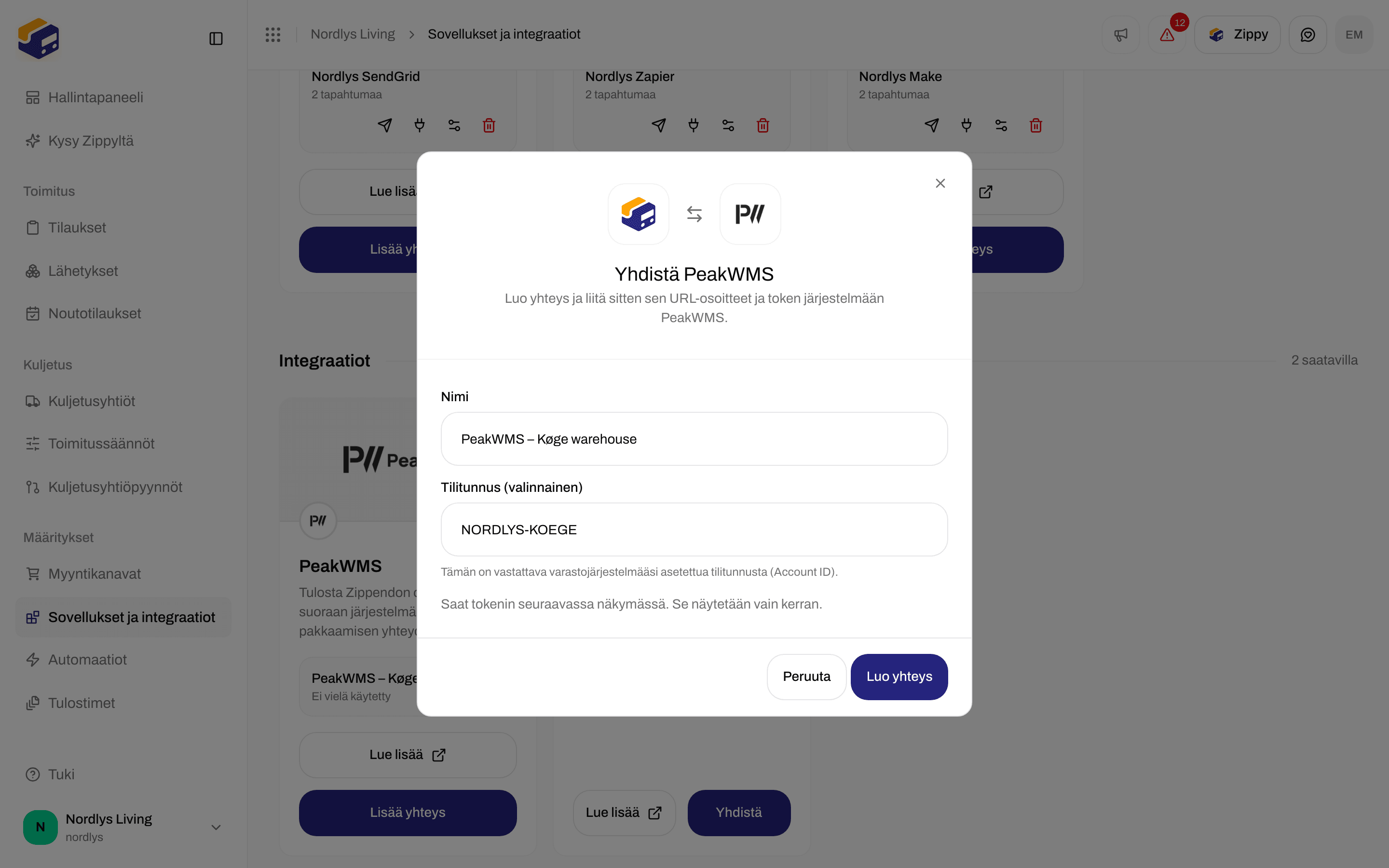 Yhdistä PeakWMS -ikkuna, jossa varaston nimi ja esimerkki Account ID:stä