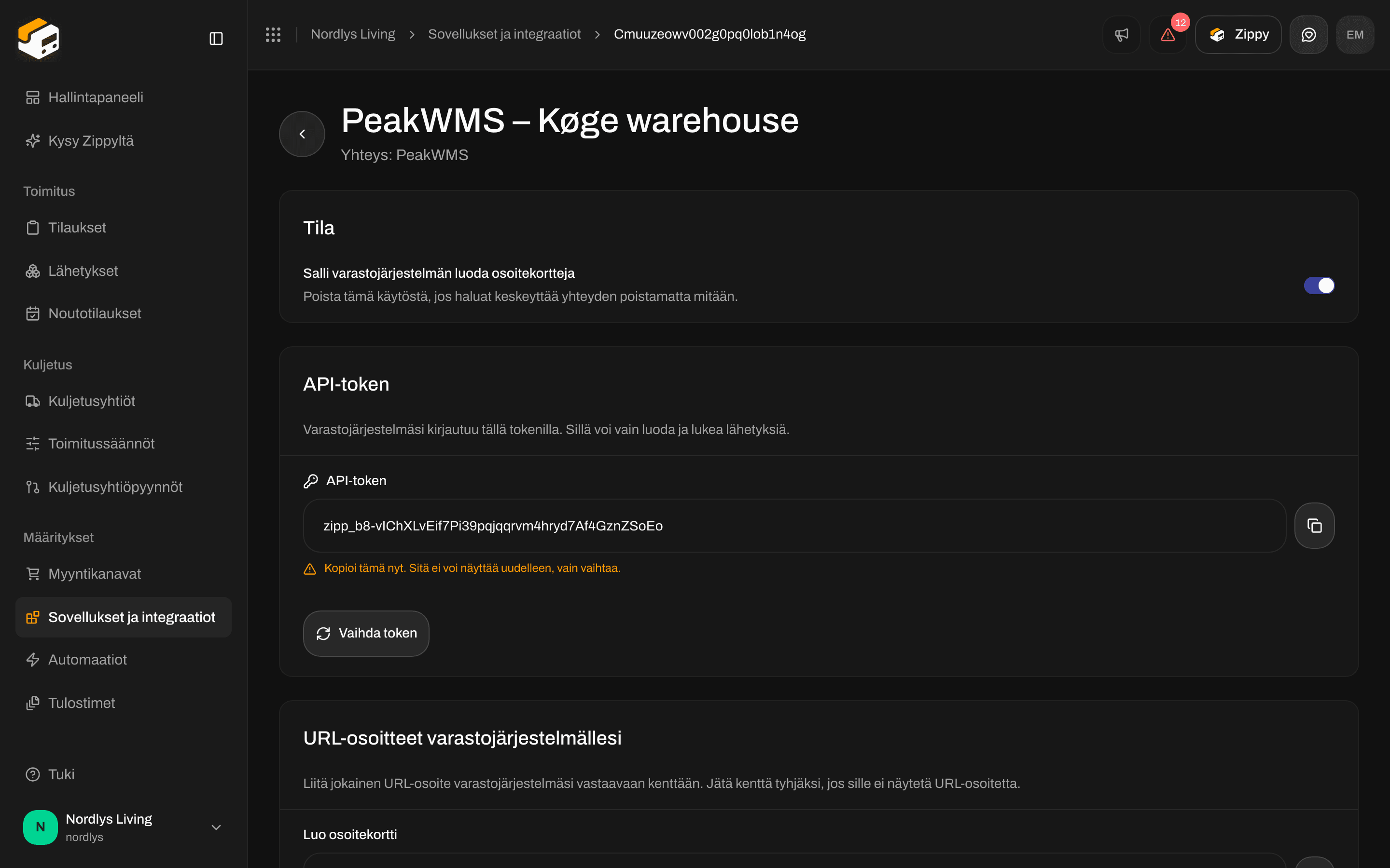 Yhteyden sivun API-token-osio, jossa API-token näytetään kerran kopiointipainikkeen kanssa