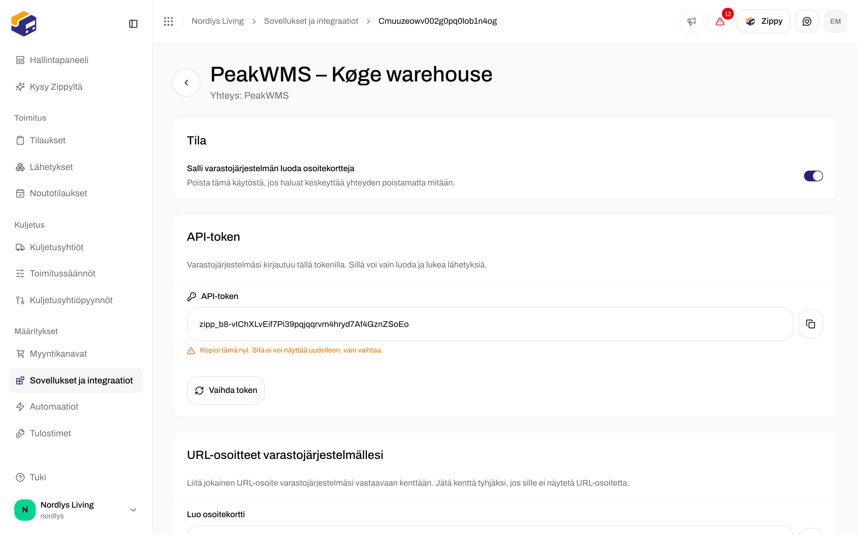 Yhteyden sivun API-token-osio, jossa API-token näytetään kerran kopiointipainikkeen kanssa