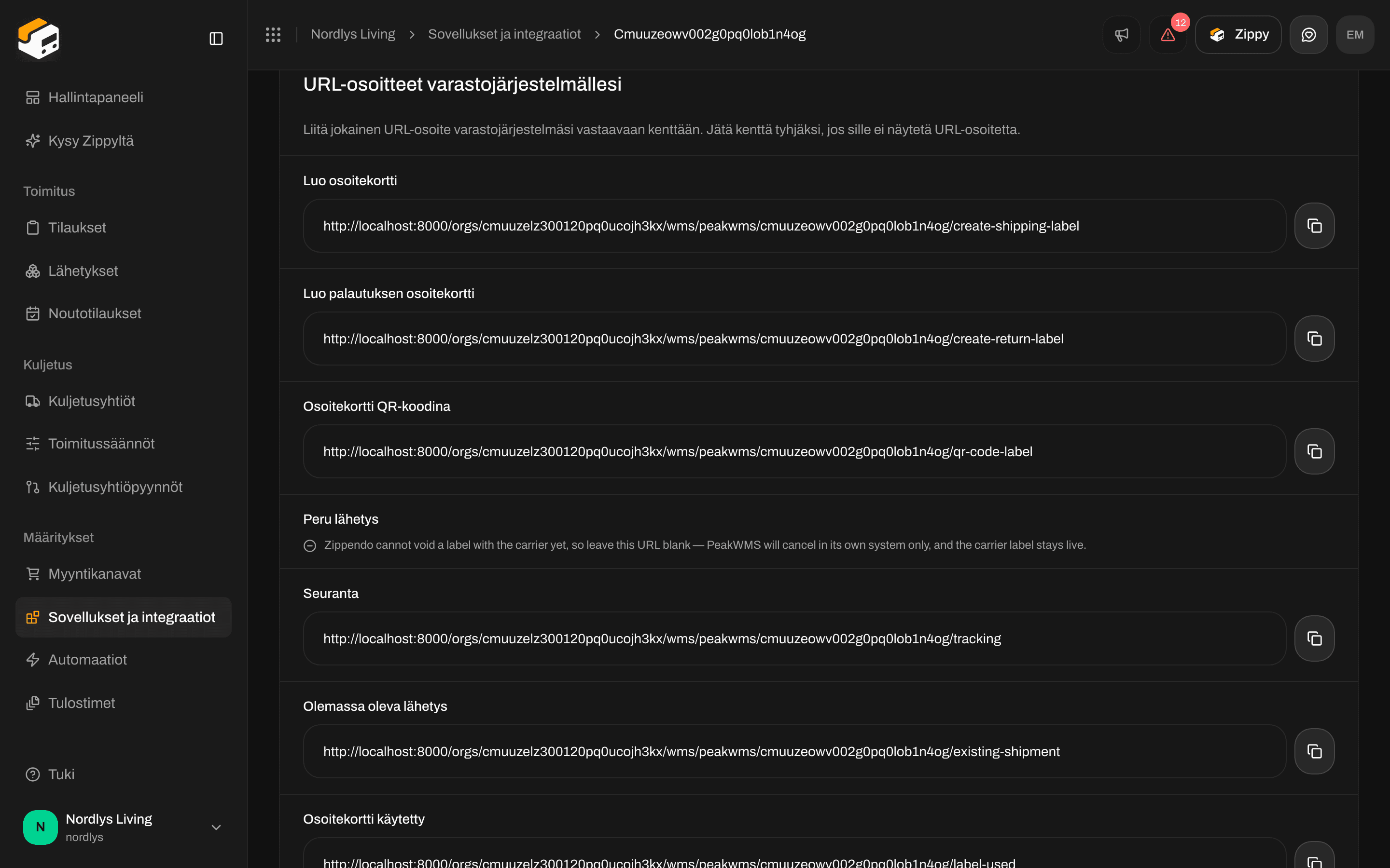 URL-osoitteet varastojärjestelmällesi -osio, jossa Luo osoitekortti, Luo palautuksen osoitekortti, Osoitekortti QR-koodina, Seuranta, Olemassa oleva lähetys ja Osoitekortti käytetty kopiointipainikkeineen