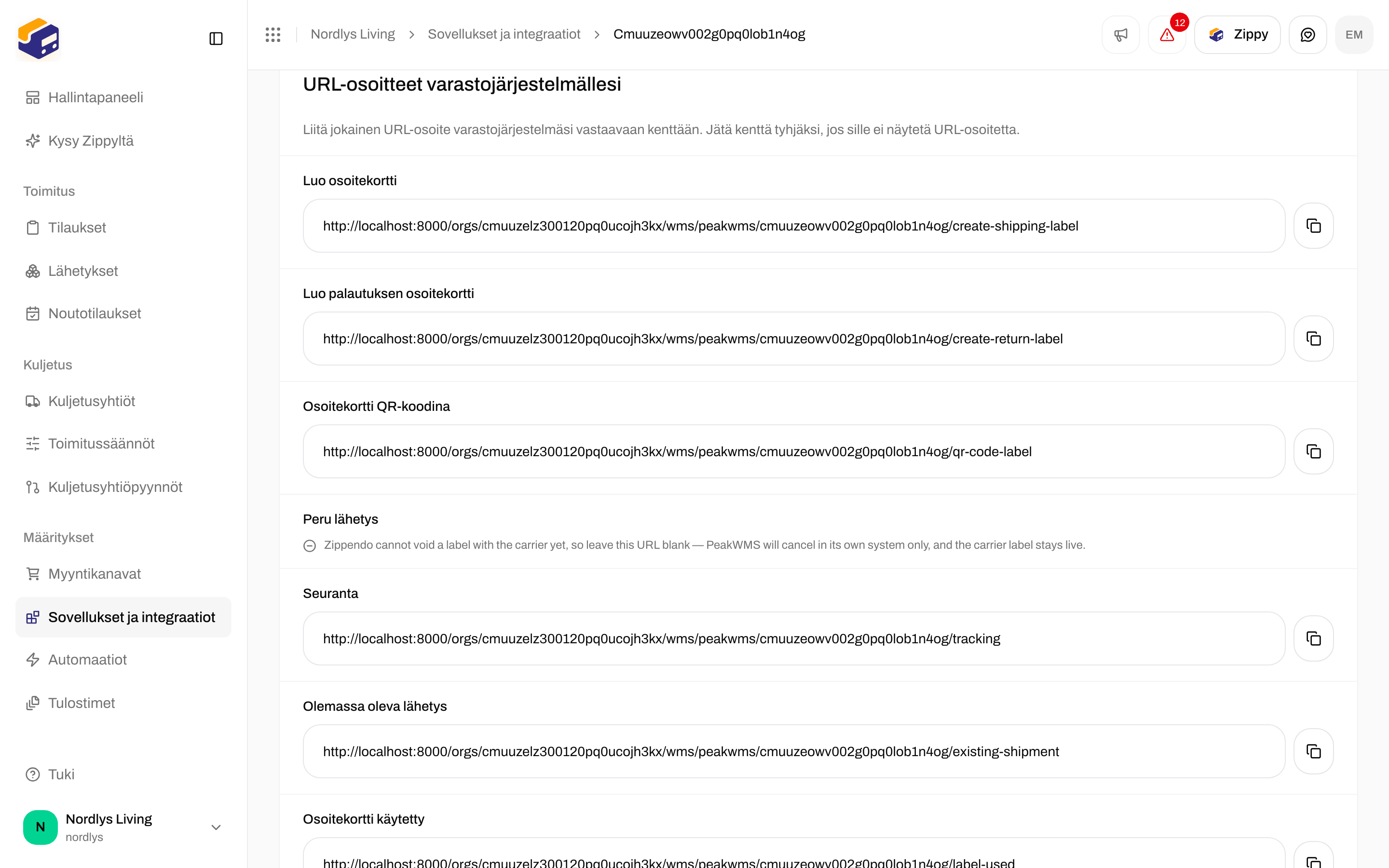 URL-osoitteet varastojärjestelmällesi -osio, jossa Luo osoitekortti, Luo palautuksen osoitekortti, Osoitekortti QR-koodina, Seuranta, Olemassa oleva lähetys ja Osoitekortti käytetty kopiointipainikkeineen